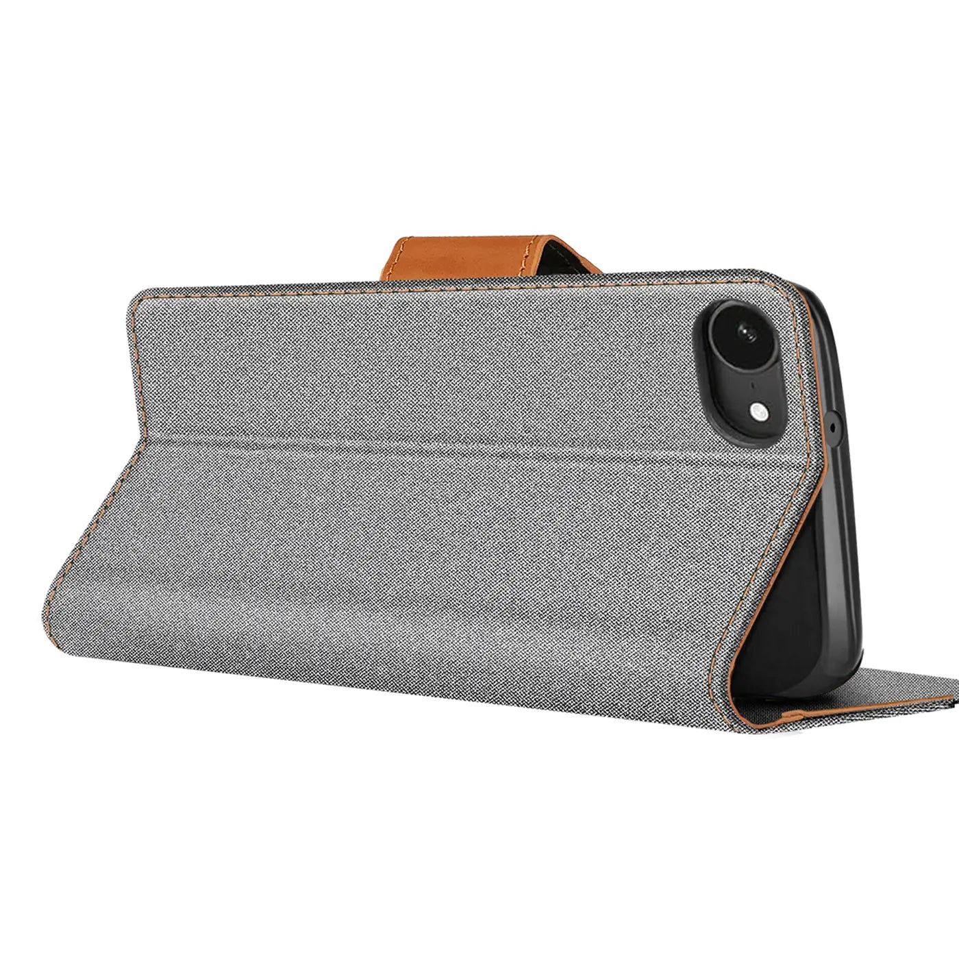Graue Textil-Klapphülle, brauner Lederriemen, von der Seite, iPhone 16e sichtbar.