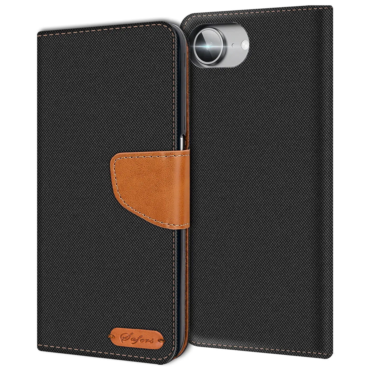 Schwarze Textil-Klapphülle mit braunem Lederakzent, von vorne, für iPhone 16e.