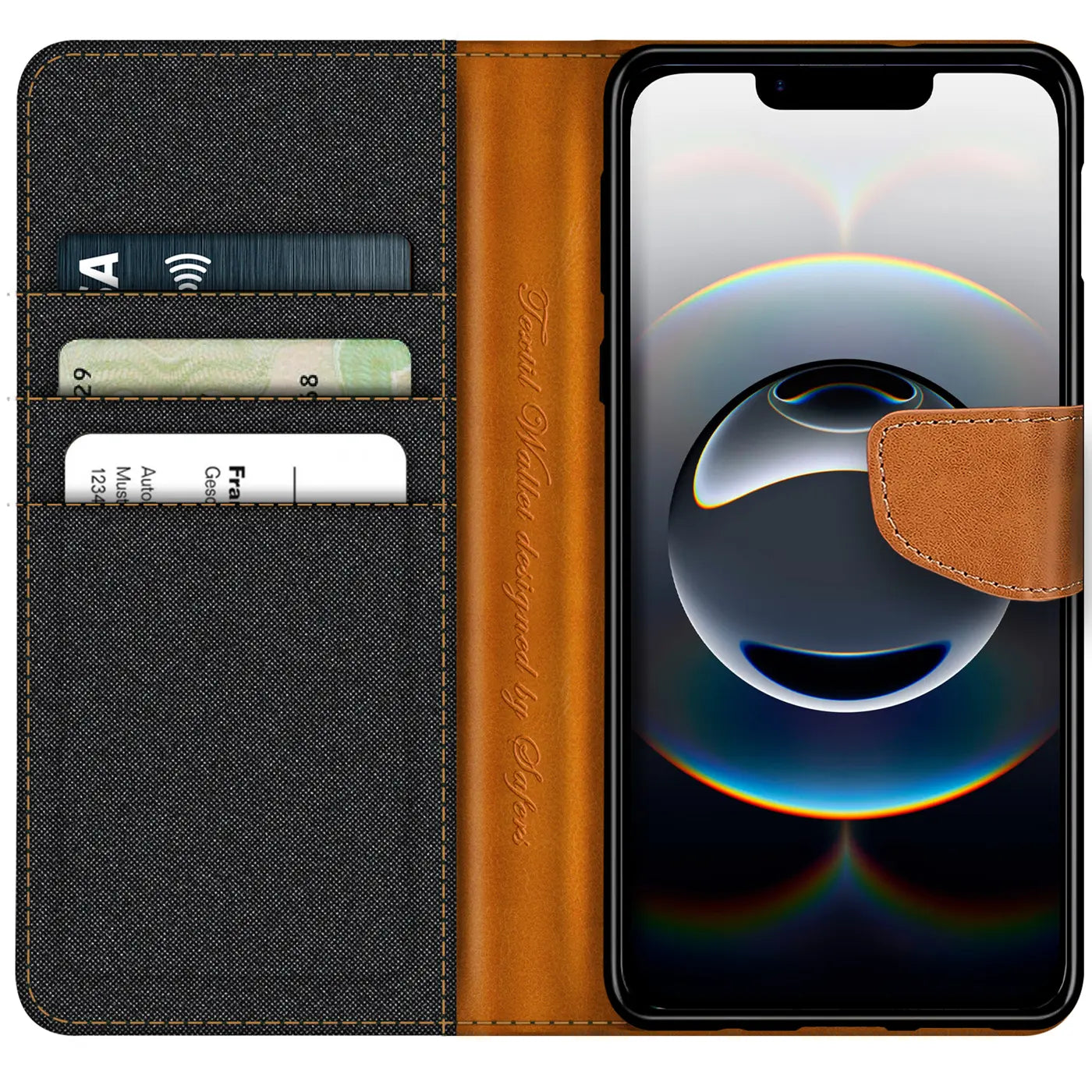 Textil-Klapphülle in Schwarz/Braun mit Kartenfach, zeigt iPhone 16e, von vorne.