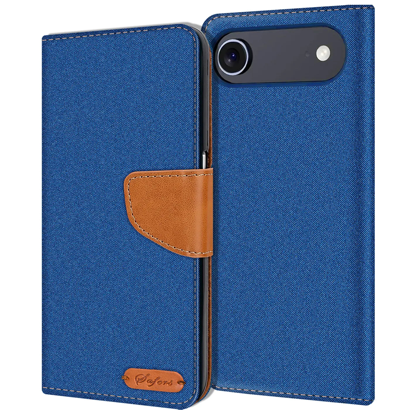 Blaue Textil-Klapphülle mit braunem Lederdetail, von vorne, für iPhone 17 Air.