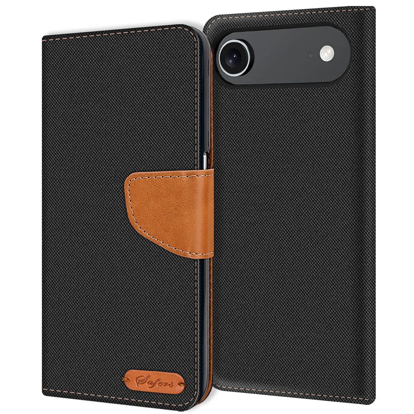 Schwarze Textil-Klapphülle mit braunem Lederriemen, Kartenfach, iPhone 17 Air.