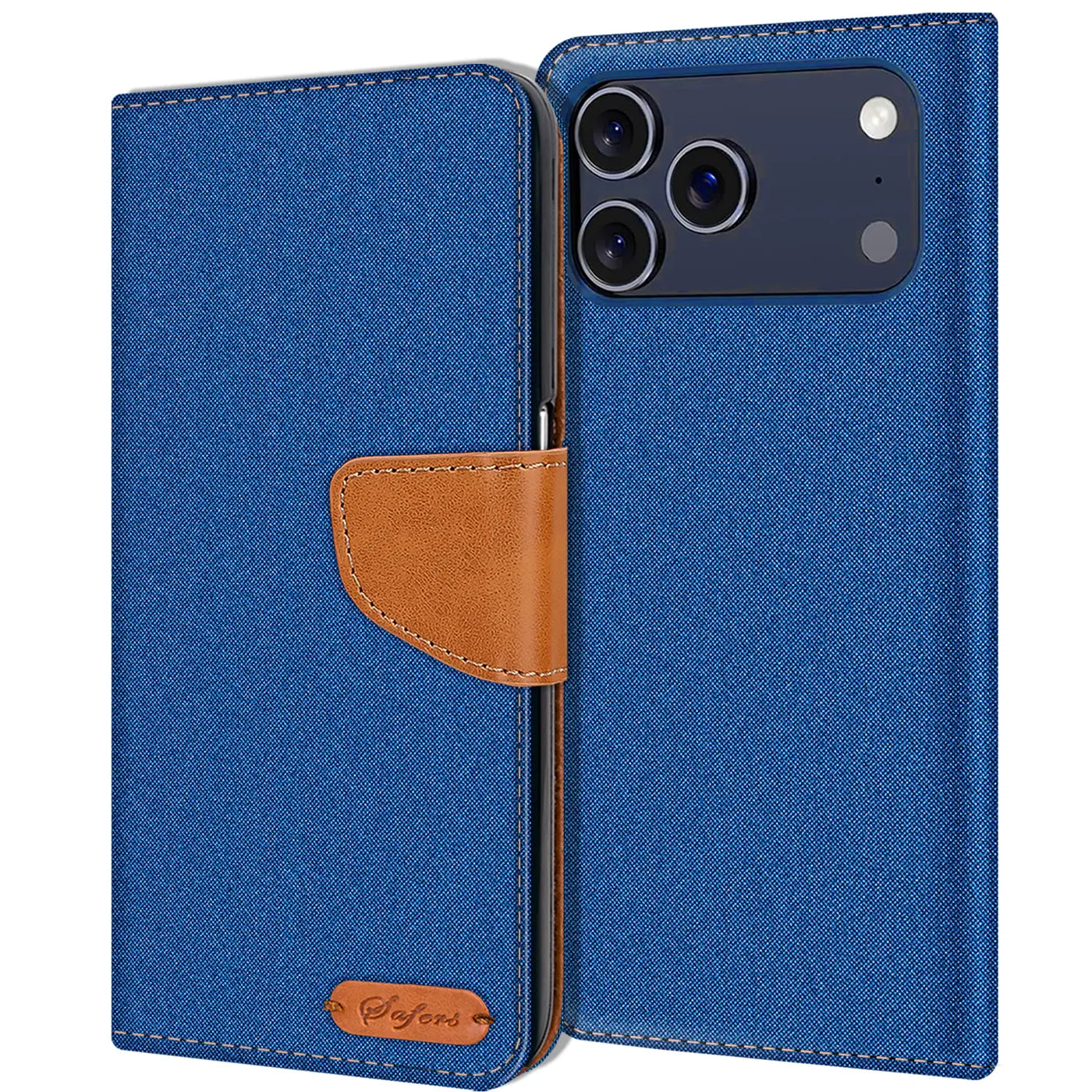 Blaue Textil-Klapphülle mit braunem Lederakzent und Kartenfach, von vorne, für iPhone 17 Pro Max.