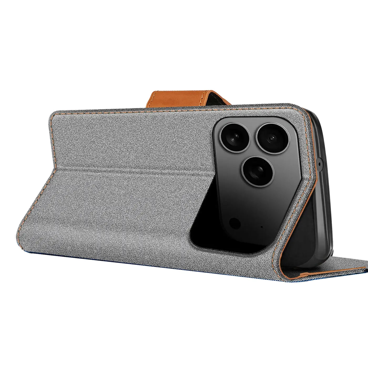 Graue Textil-Klapphülle mit braunem Lederriemen für iPhone 17 Pro Max, Seitenansicht.