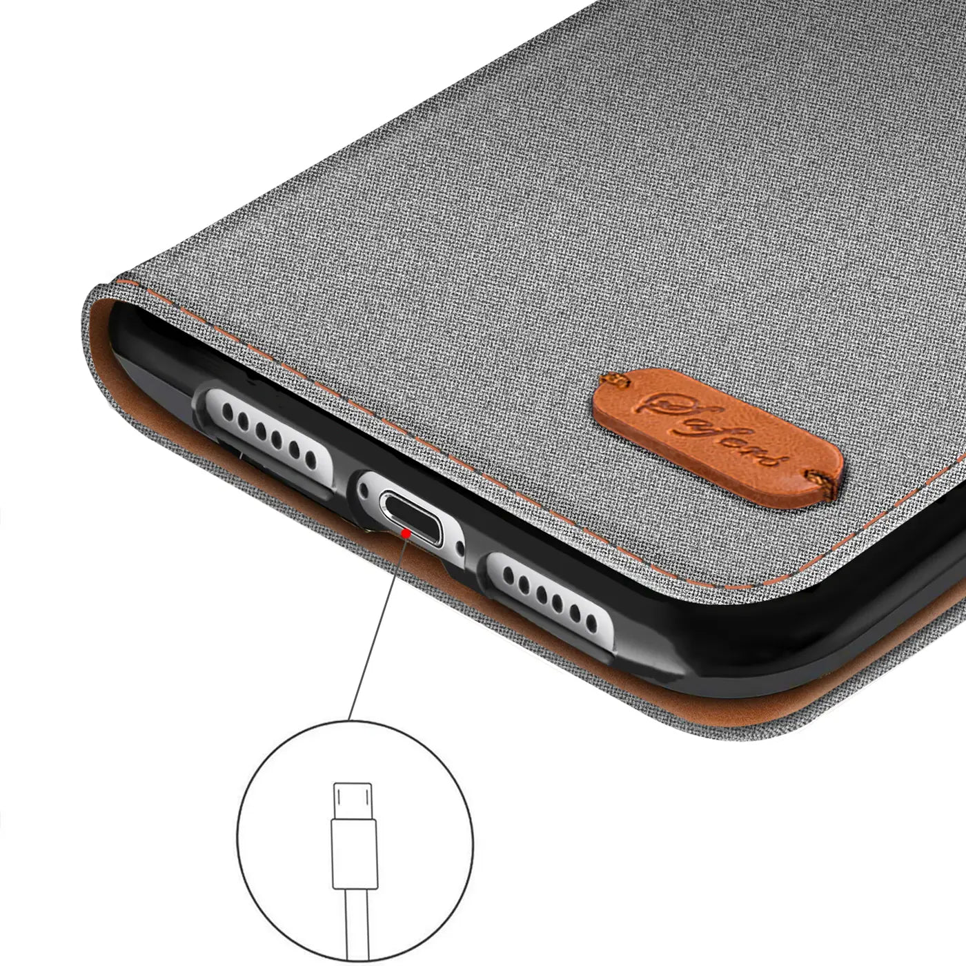 Graue Textil-Klapphülle mit braunem Lederdetail, Nahaufnahme des Ladeanschlusses eines iPhones.