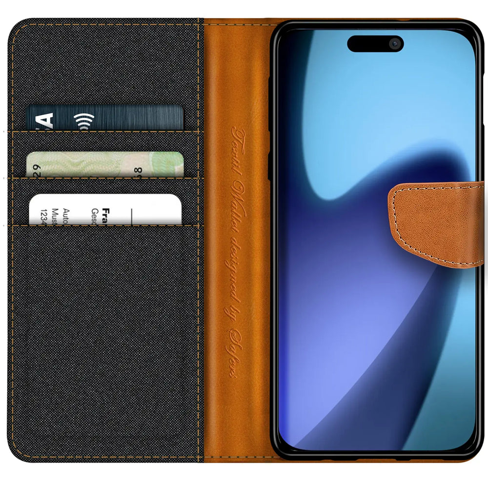 Apple iPhone 17 Pro Max Klapphülle im Jeanslook mit Karten- und Geldfach