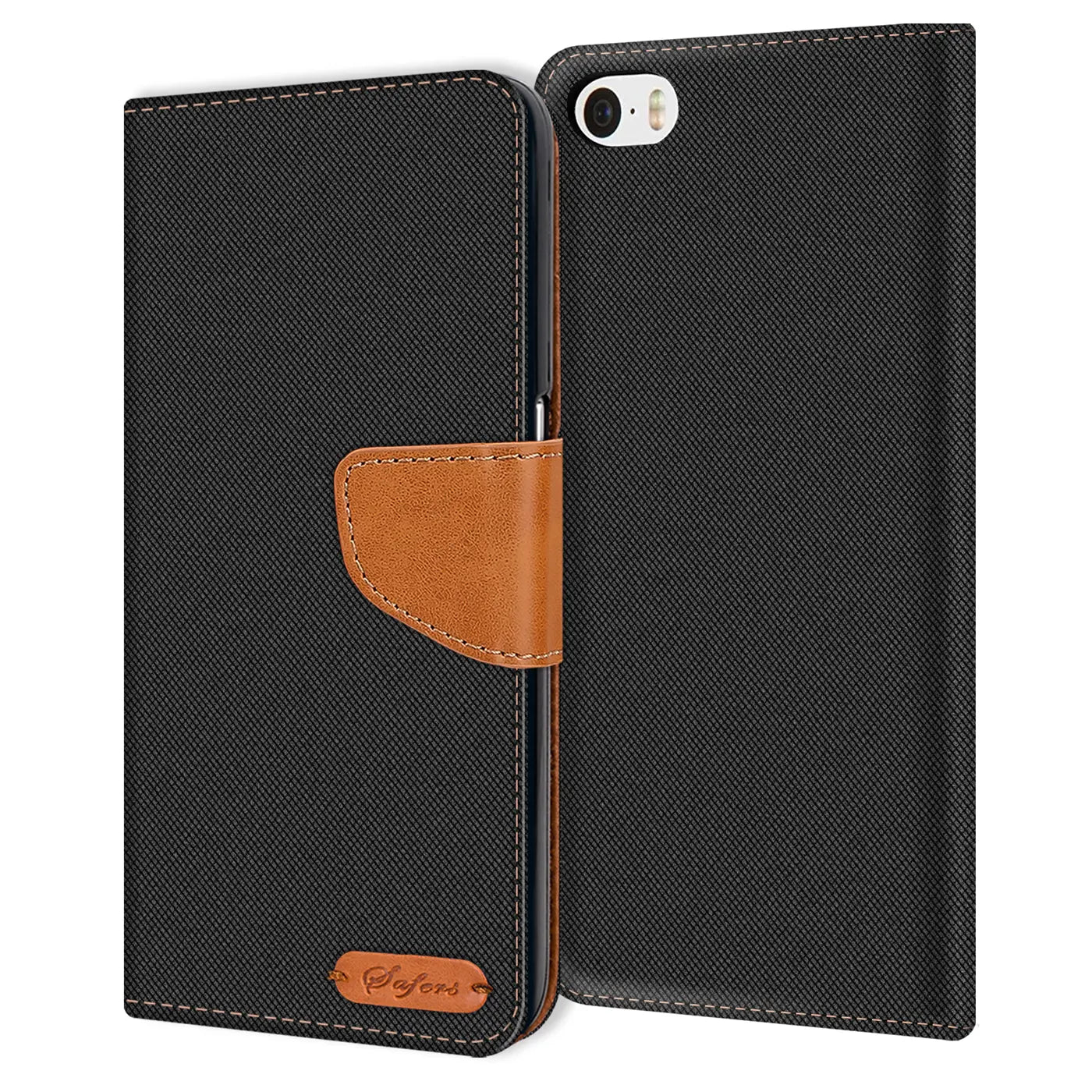 Schwarze Textil-Klapphülle mit braunem Lederriemen, iPhone 5/5S/SE, Kartenfach