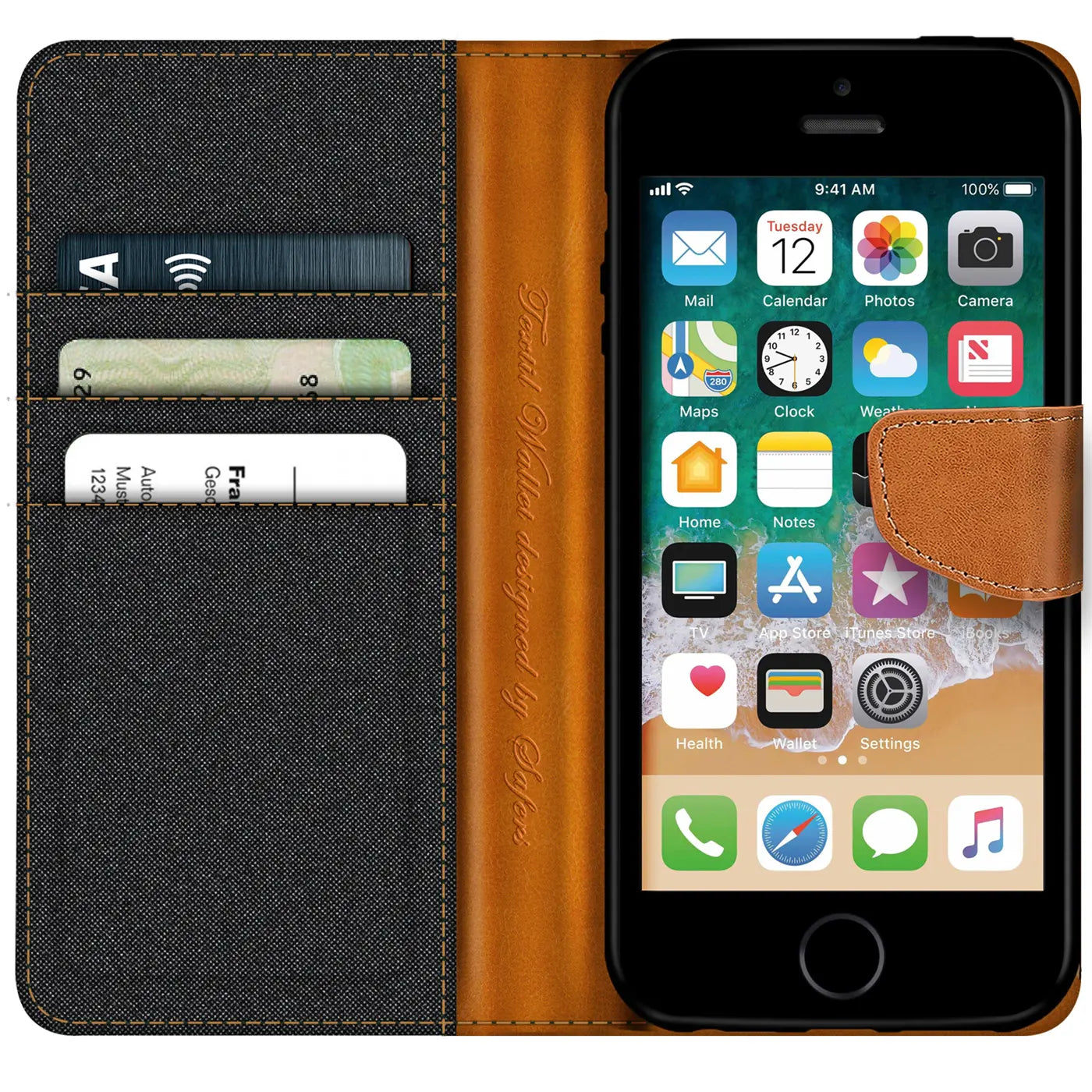 Textil-Klapphülle in Schwarz/Braun mit Kartenfach für iPhone 5/5S/SE, von vorn