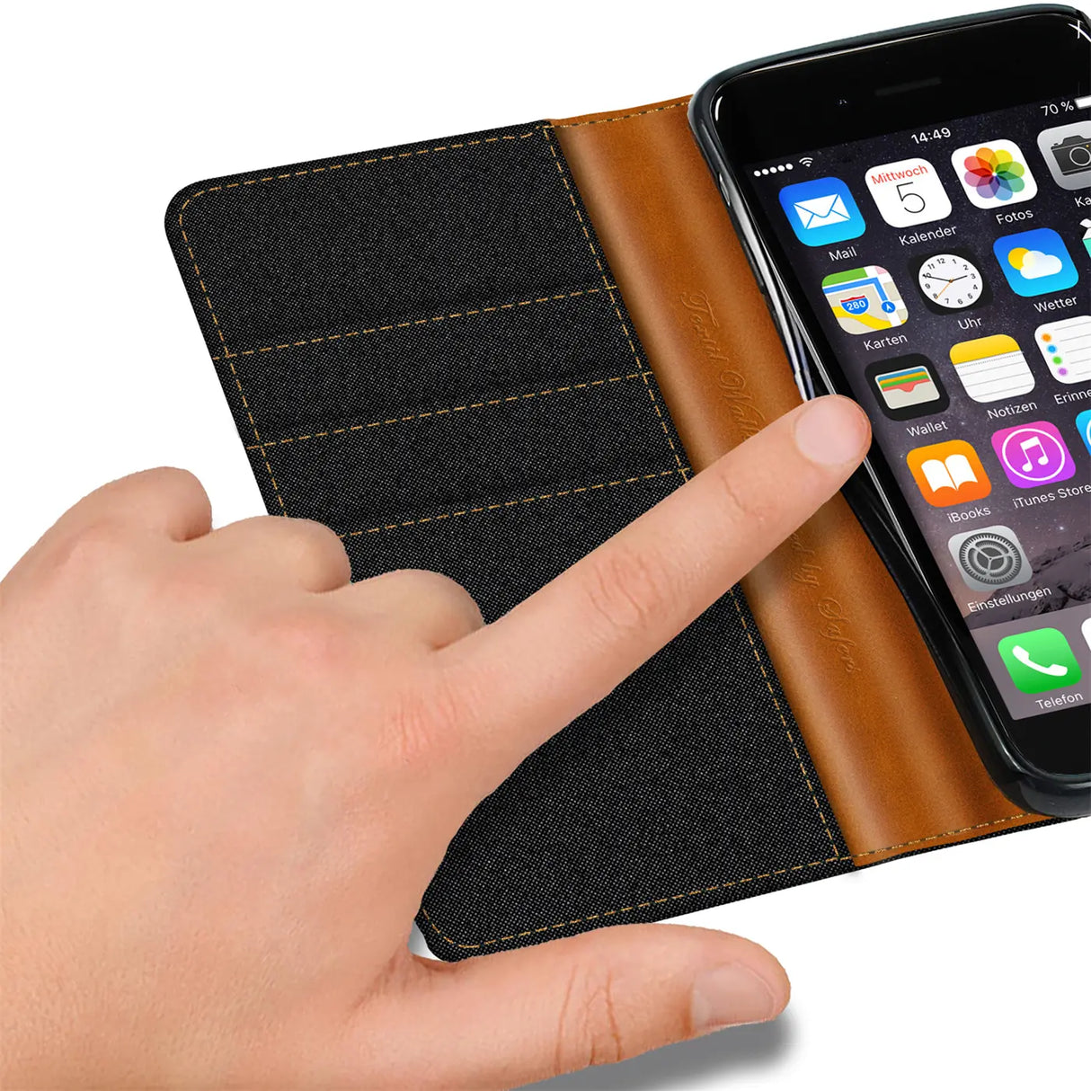iPhone 5 / 5S / SE Klapphülle im Jeanslook mit Karten- und Geldfach