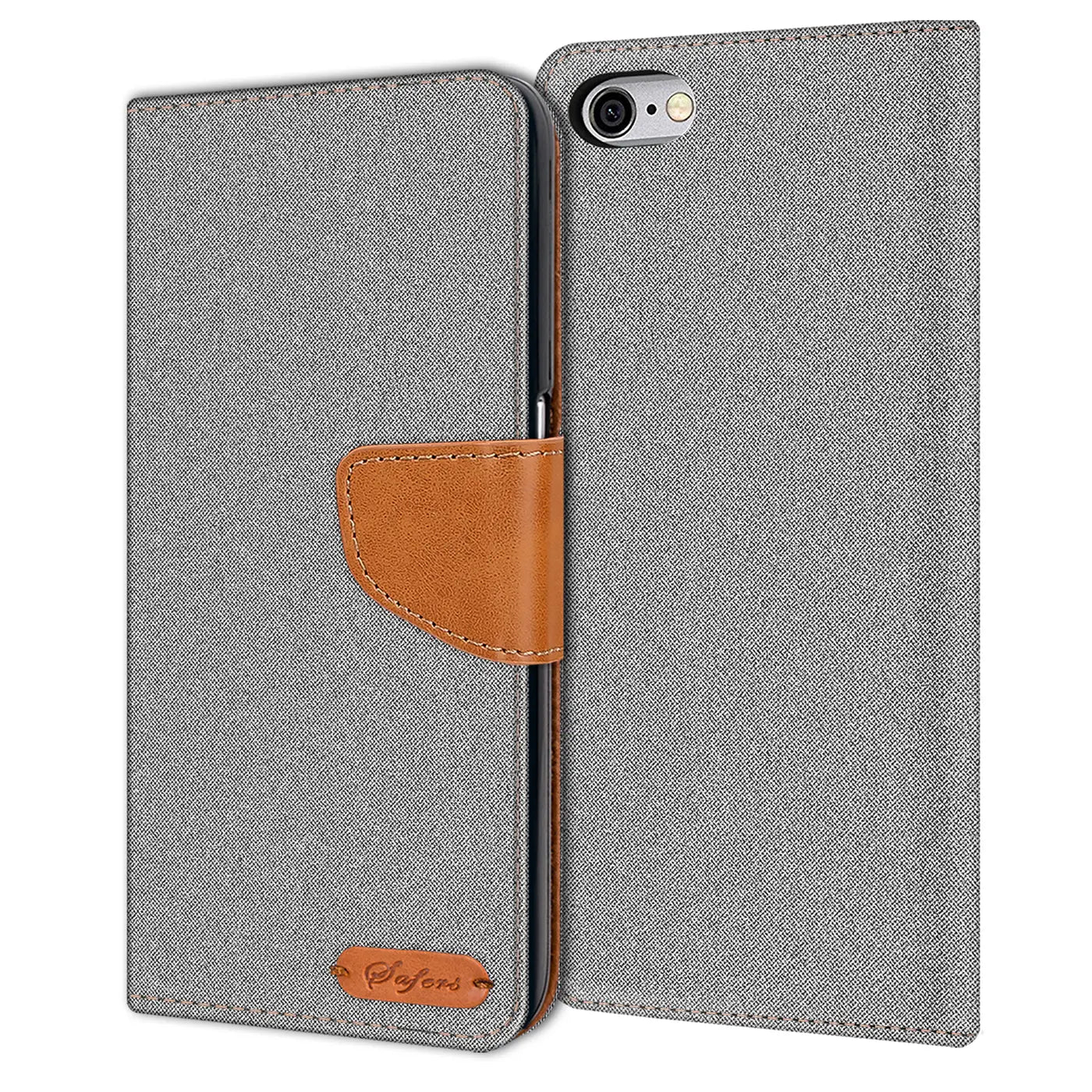 Graue Textil-Klapphülle mit braunem Lederriemen, offen, zeigt iPhone 6/6S Rückseite.