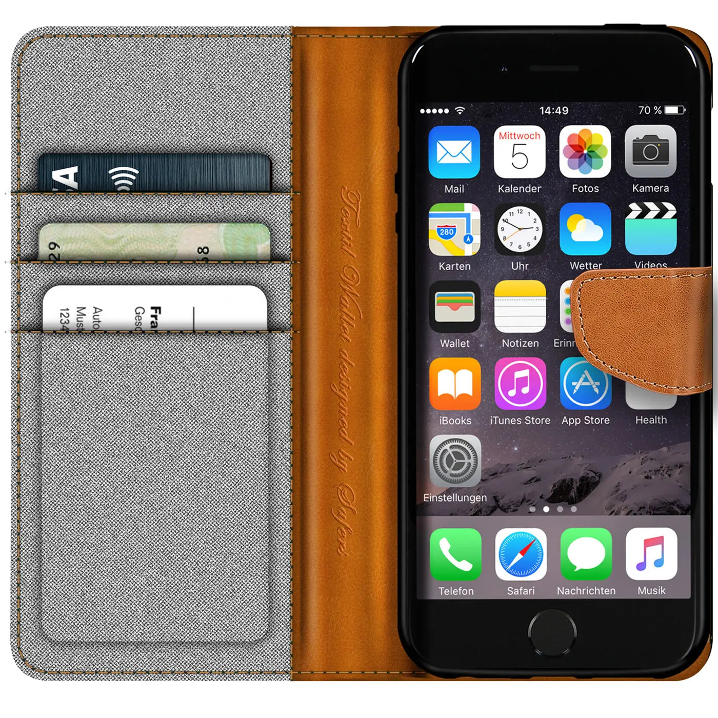 Textil-Klapphülle mit Kartenfach für iPhone 6/6S, grau/braun, von vorne
