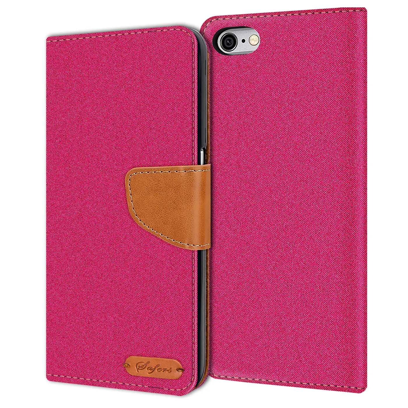 Pink Textil Klapphülle mit braunem Lederdetail, zeigt iPhone 6/6S Rückseite.