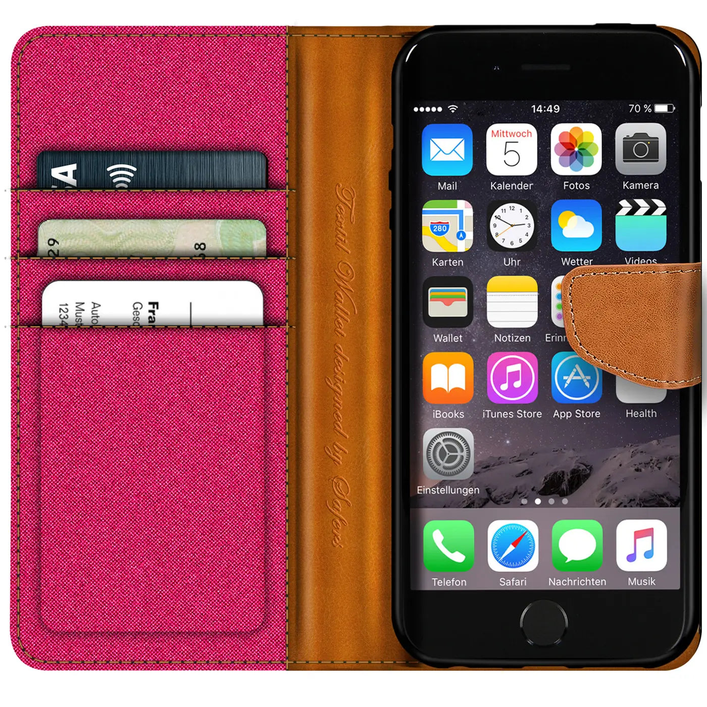 iPhone 6/6S in pinker Textilhülle mit braunen Lederfächern, von vorne