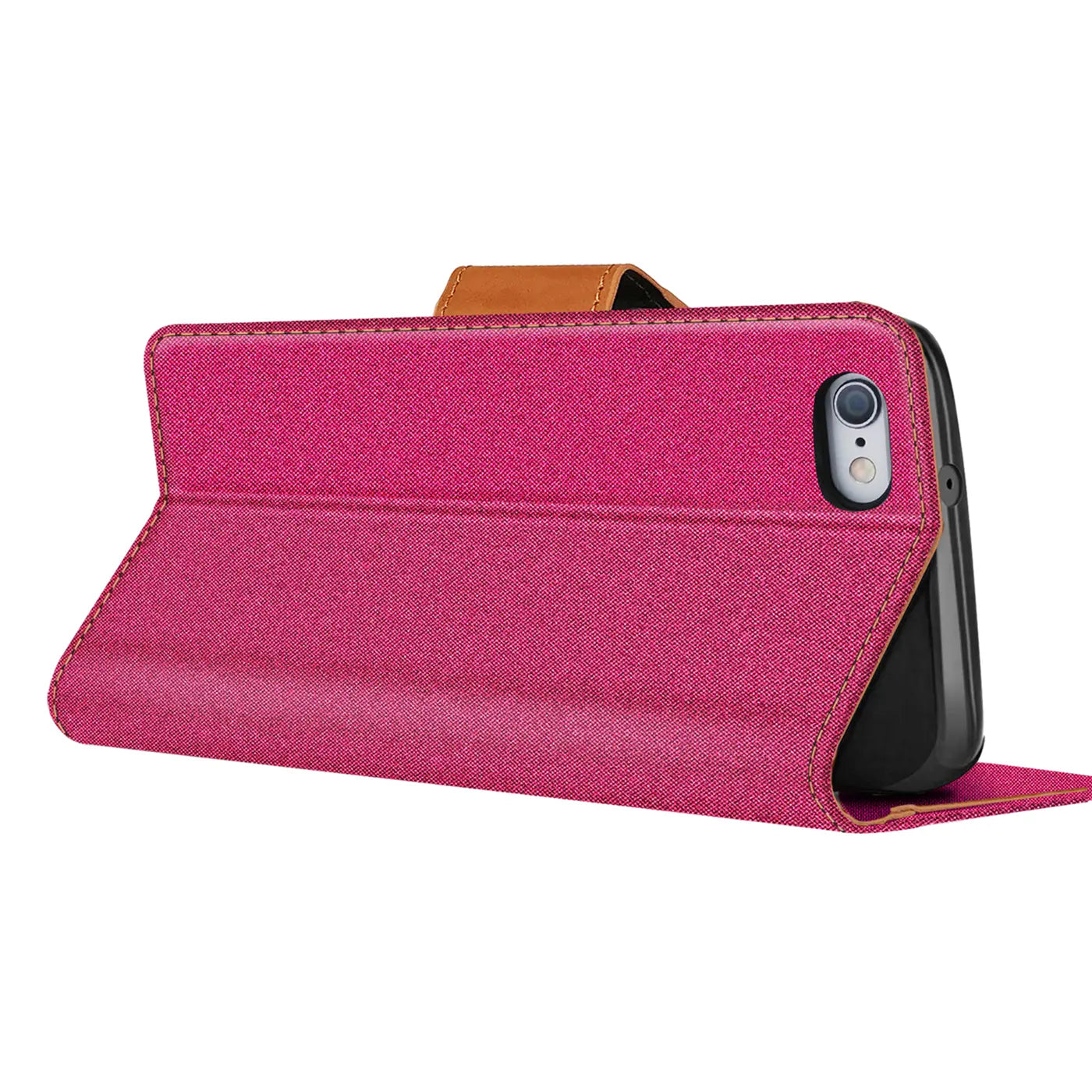 Pink Textil Klapphülle mit braunem Lederriemen, iPhone 6/6S von der Seite