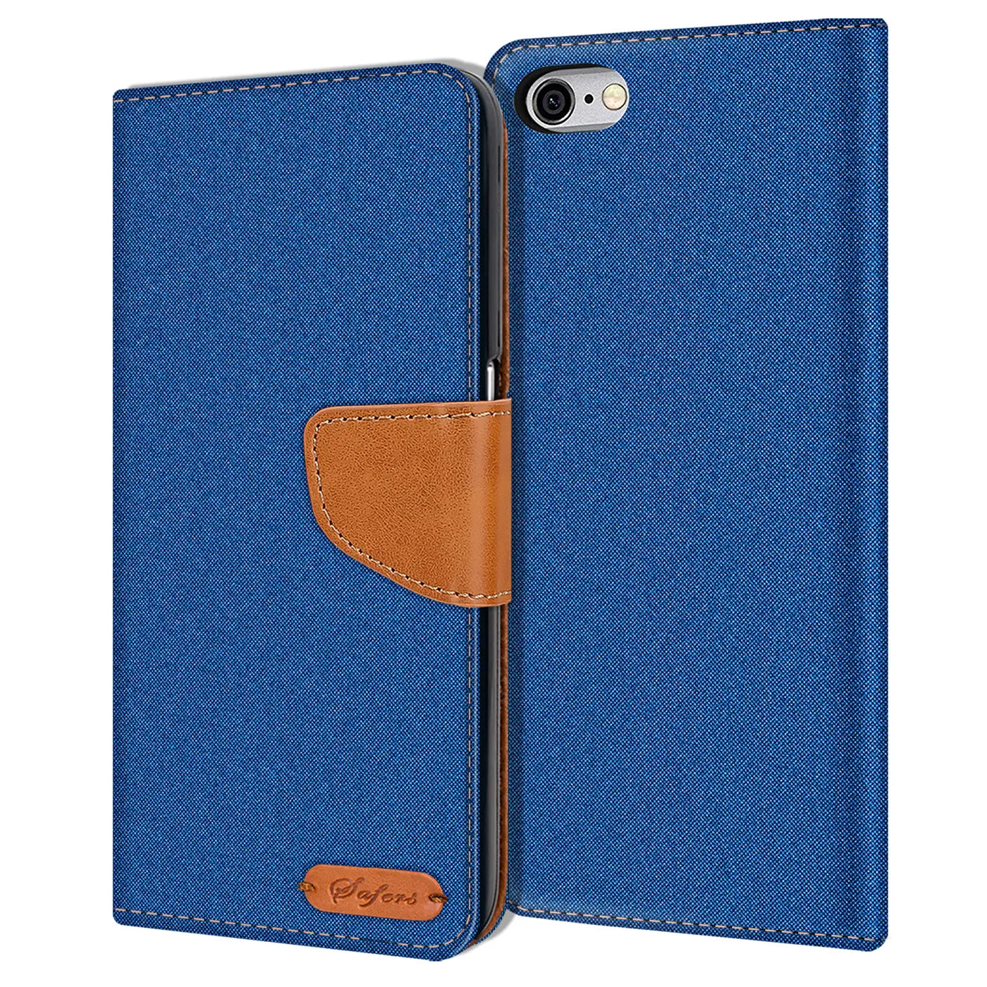 Blaue Textil-Klapphülle mit braunem Leder-Detail und Kartenfach für iPhone 6s Plus/6 Plus.