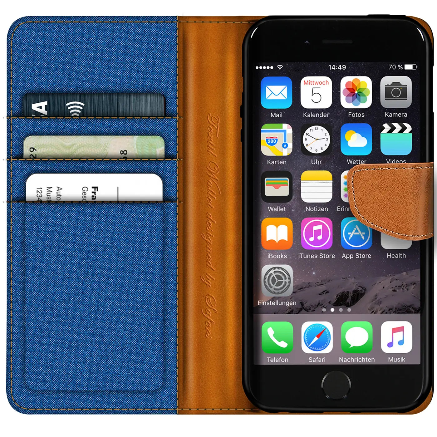 iPhone 6s Plus/6 Plus Klapphülle, blaues Textil, braunes Leder, Kartenfach, von vorn
