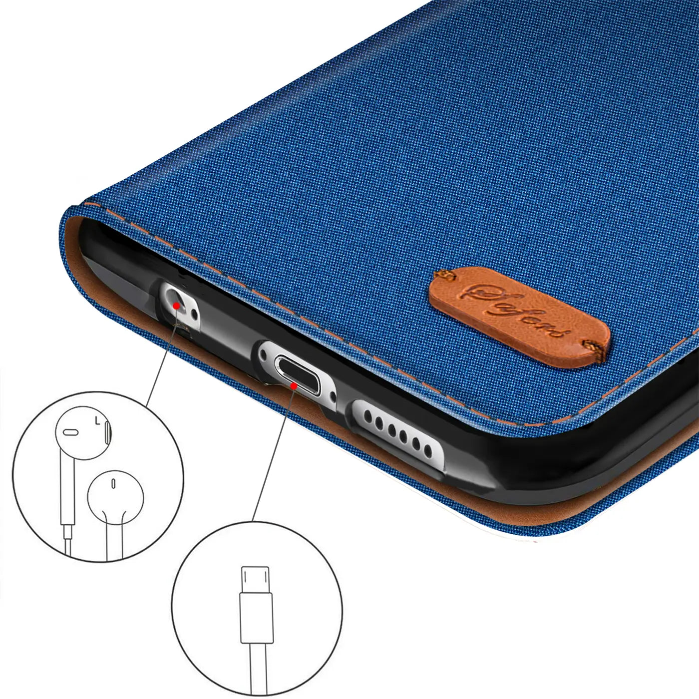 Blaues Textil-Klapphülle mit braunem Leder-Patch, Nahaufnahme, iPhone 6s Plus/6 Plus.
