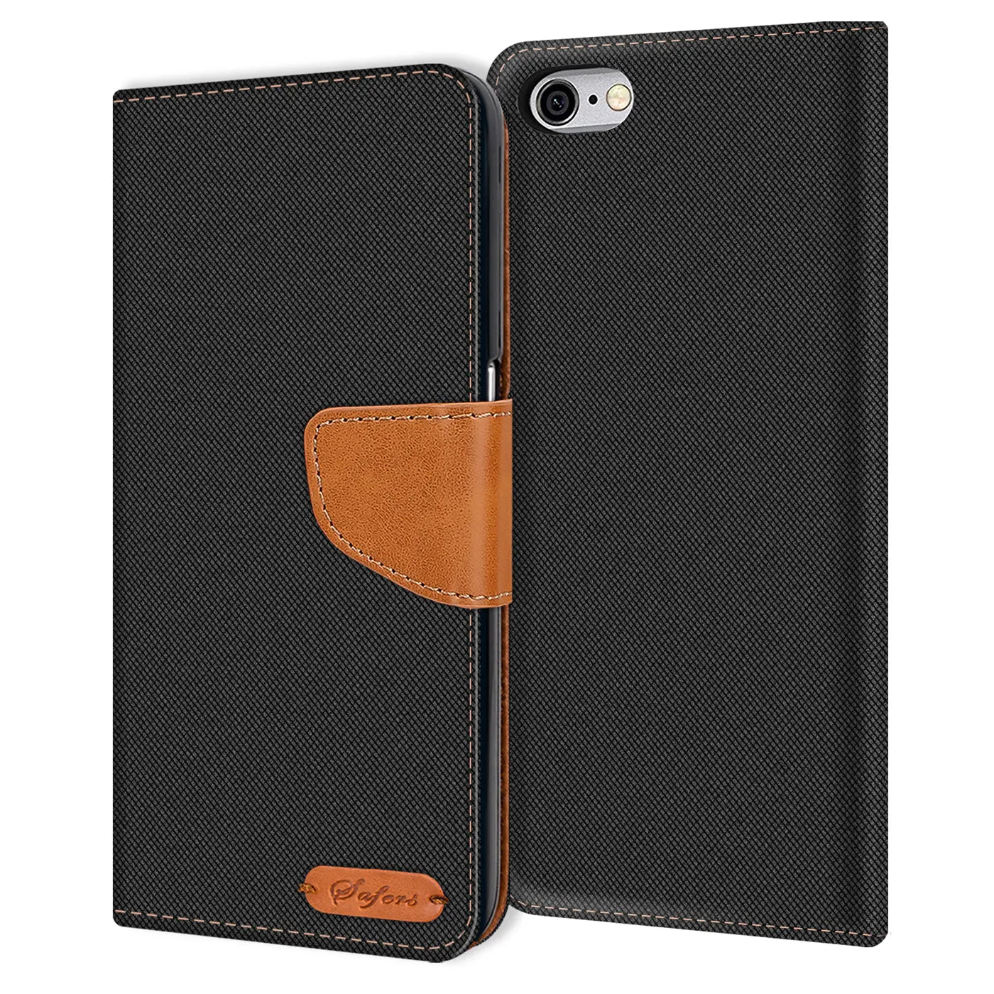Schwarze Textil-Klapphülle mit braunem Lederakzent für iPhone 6/6S, Vorderansicht