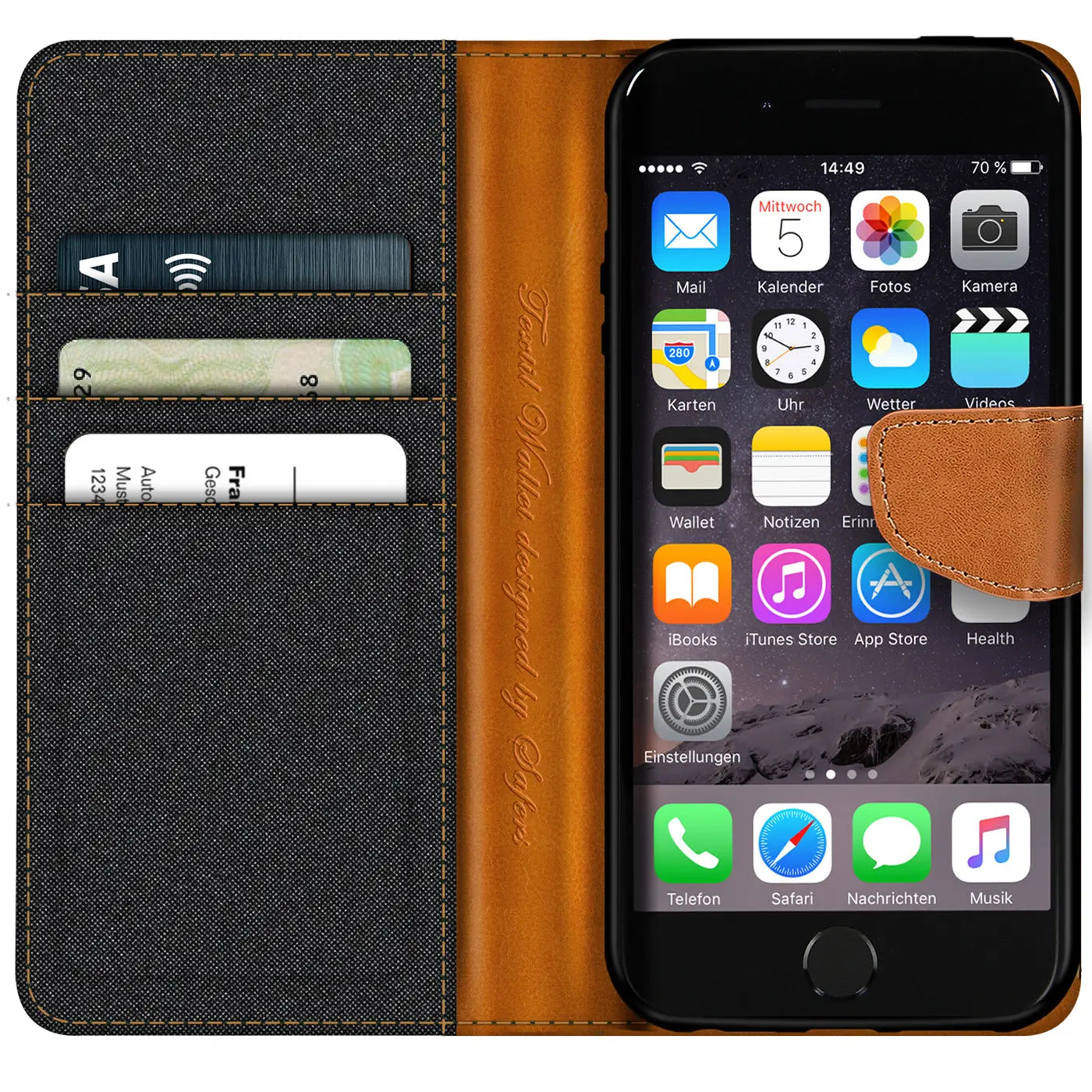 Textil-Klapphülle in Braun/Schwarz mit Kartenfächern, iPhone 6/6S, von vorne