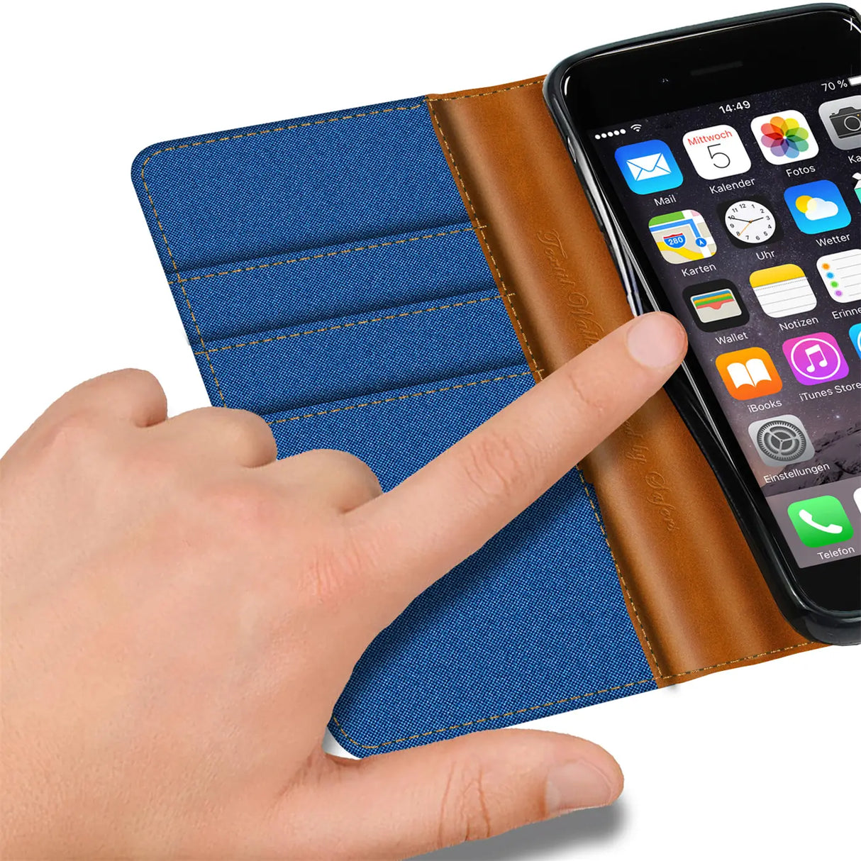 iPhone 7 / 8 / SE 2 / SE 3 Klapphülle im Jeanslook mit Karten- und Geldfach