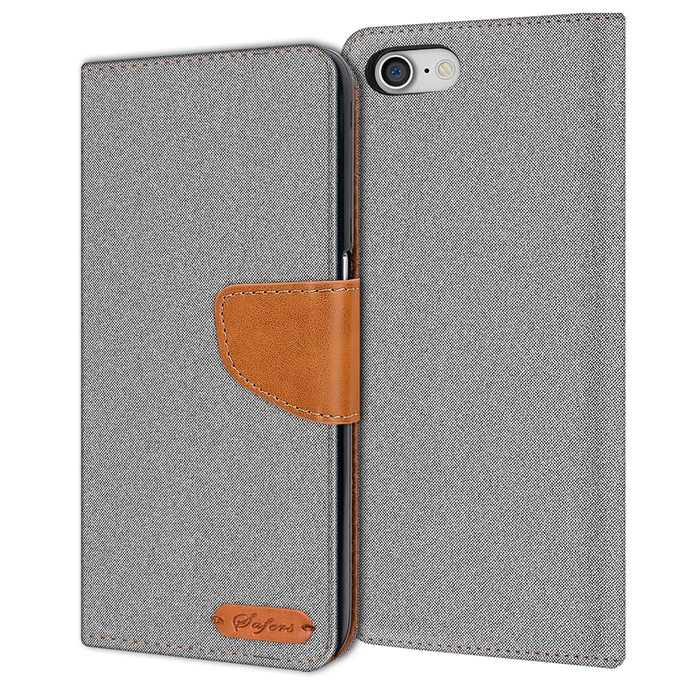 Graue Textil-Klapphülle mit braunem Lederakzent für iPhone 7/8/SE, von vorne betrachtet.