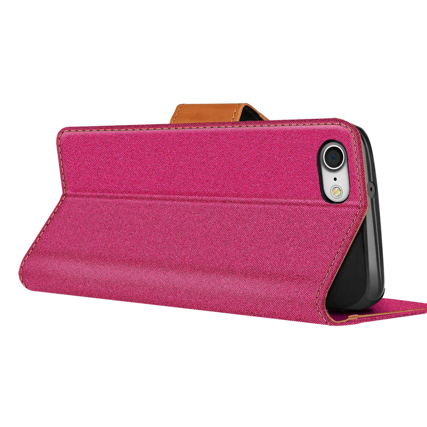 Pink Textil Klapphülle mit Kartenfach, seitliche Ansicht, zeigt iPhone 7/8/SE.