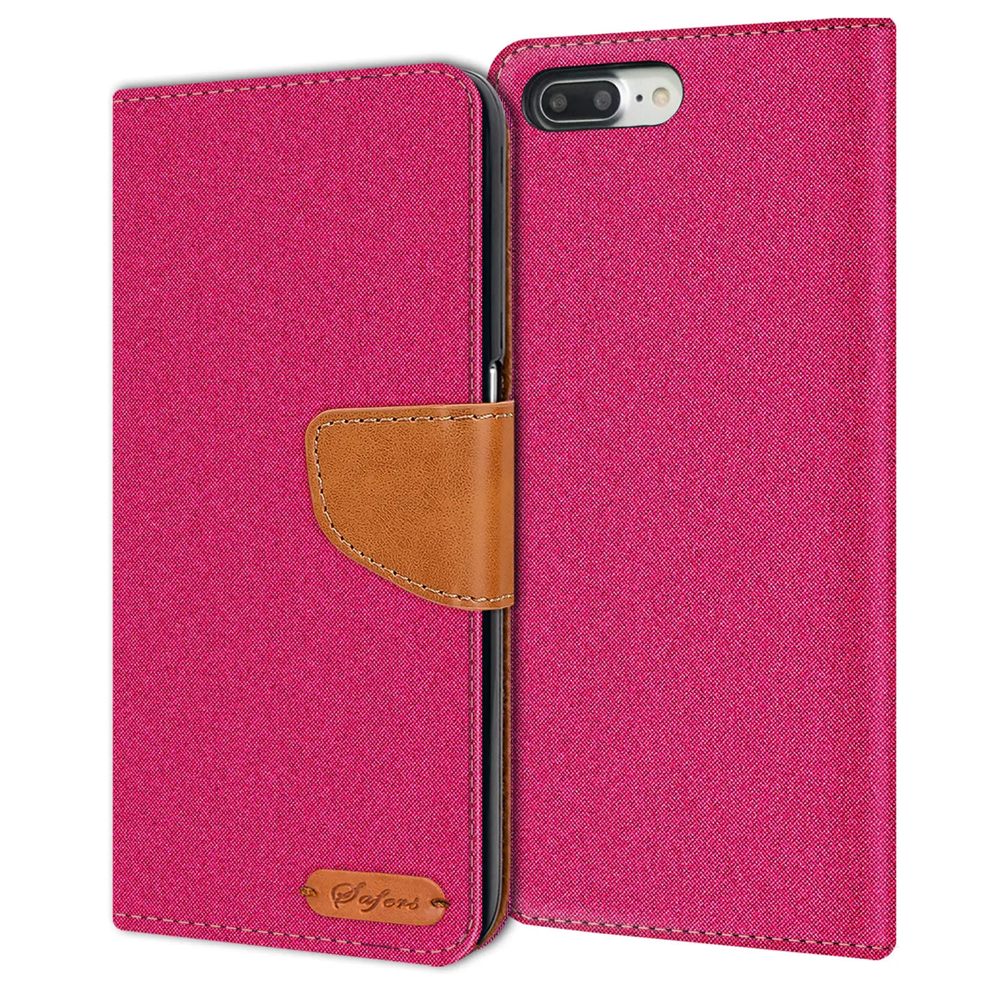 Fuchsia Textil Klapphülle mit braunem Lederdetail für iPhone 7/8 Plus, Vorderansicht.
