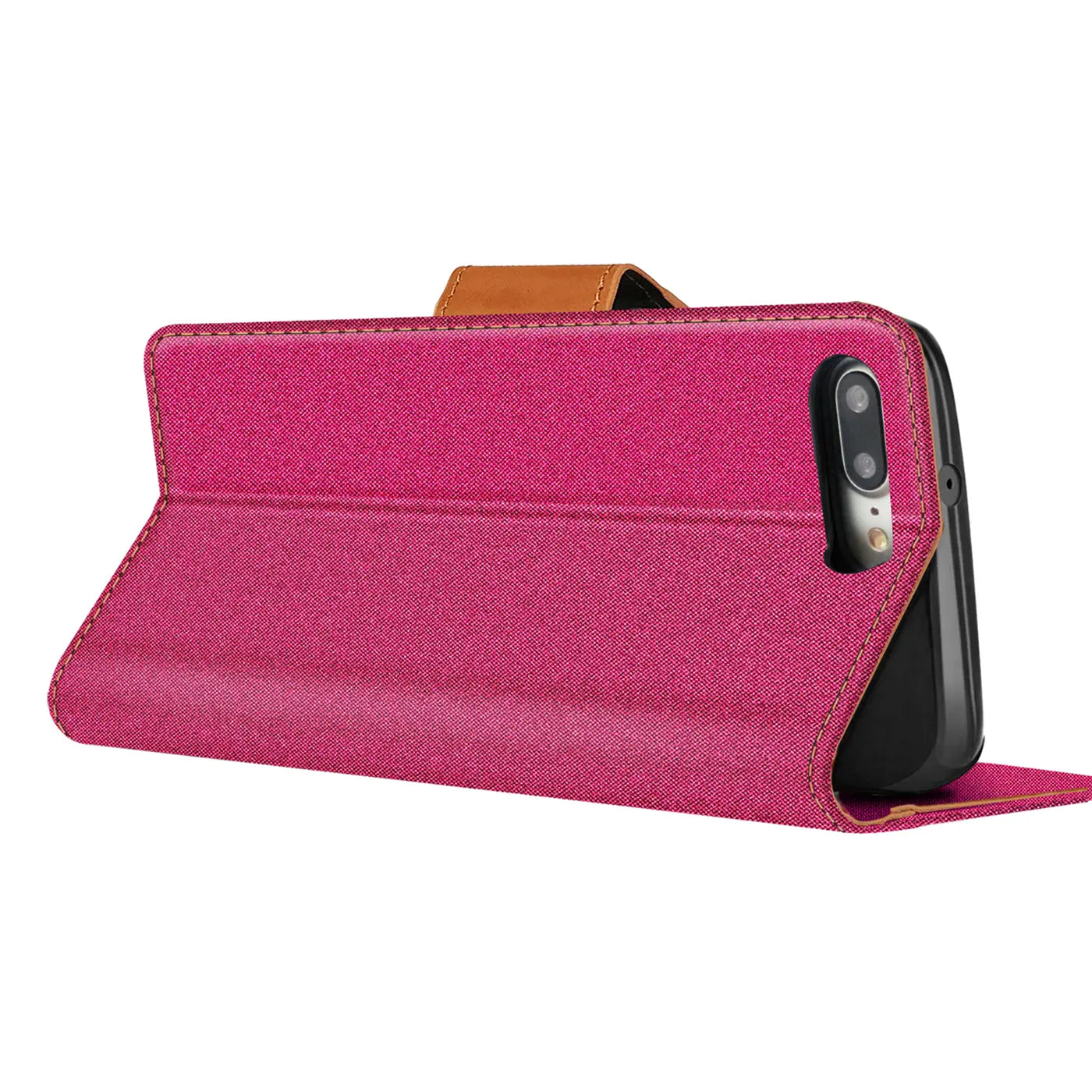 Pink Textil-Klapphülle mit braunem Riemen, seitliche Ansicht, zeigt iPhone 7/8 Plus Kamera