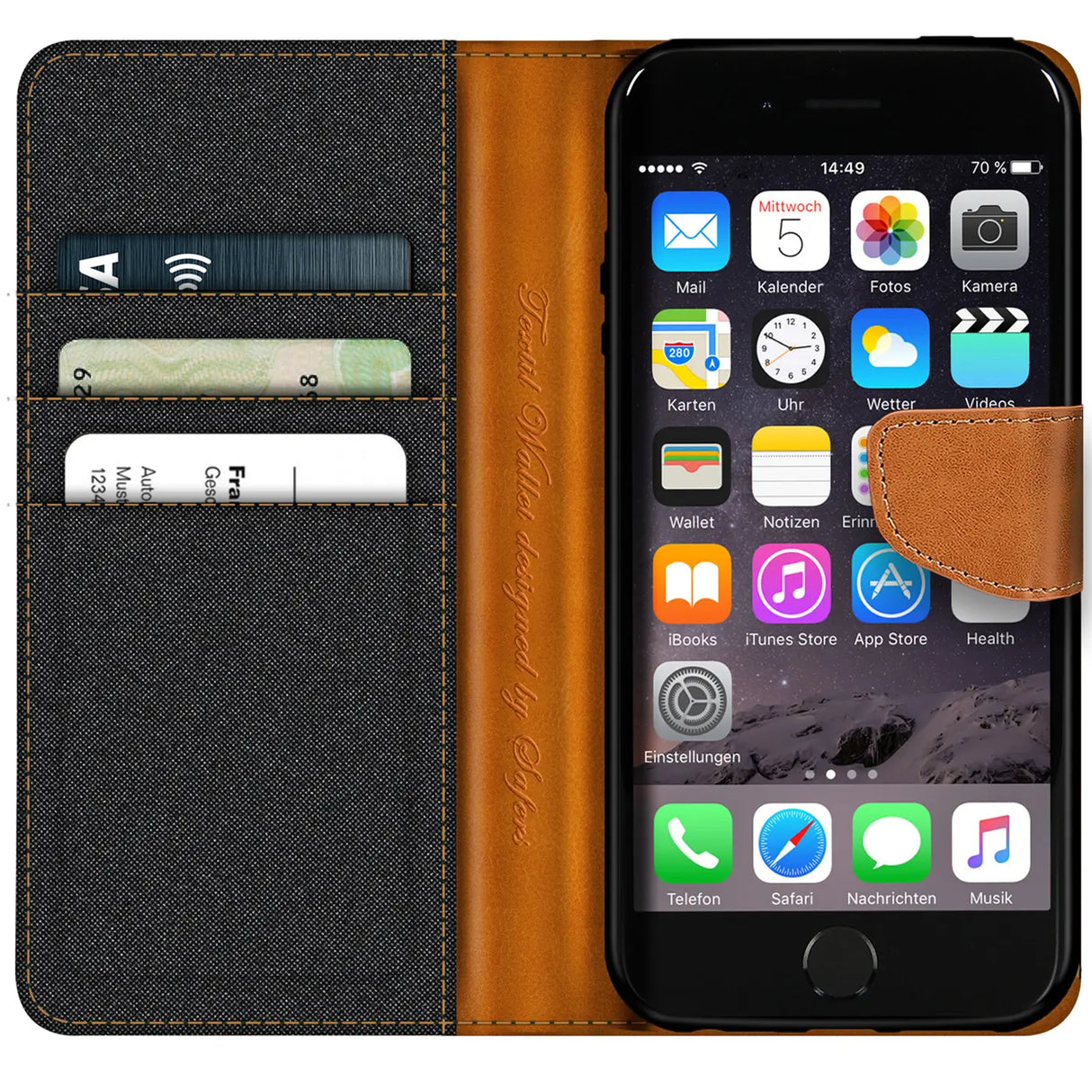 iPhone 7 / 8 / SE 2 / SE 3 Klapphülle im Jeanslook mit Karten- und Geldfach