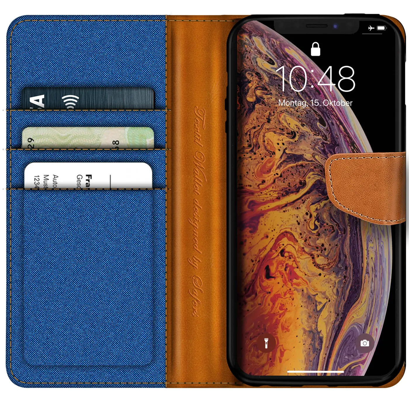 iPhone X/XS Klapphülle, blaues Textil, braunes Leder, Kartenfach, von vorn
