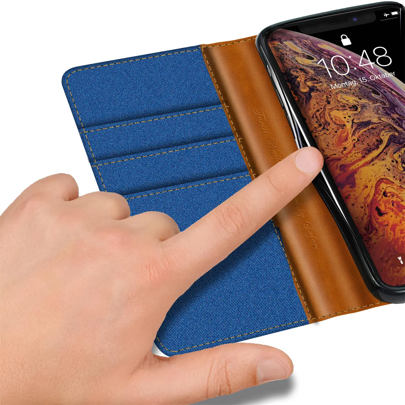 Blaue Textil-Klapphülle mit braunen Lederdetails, iPhone X/XS, von oben