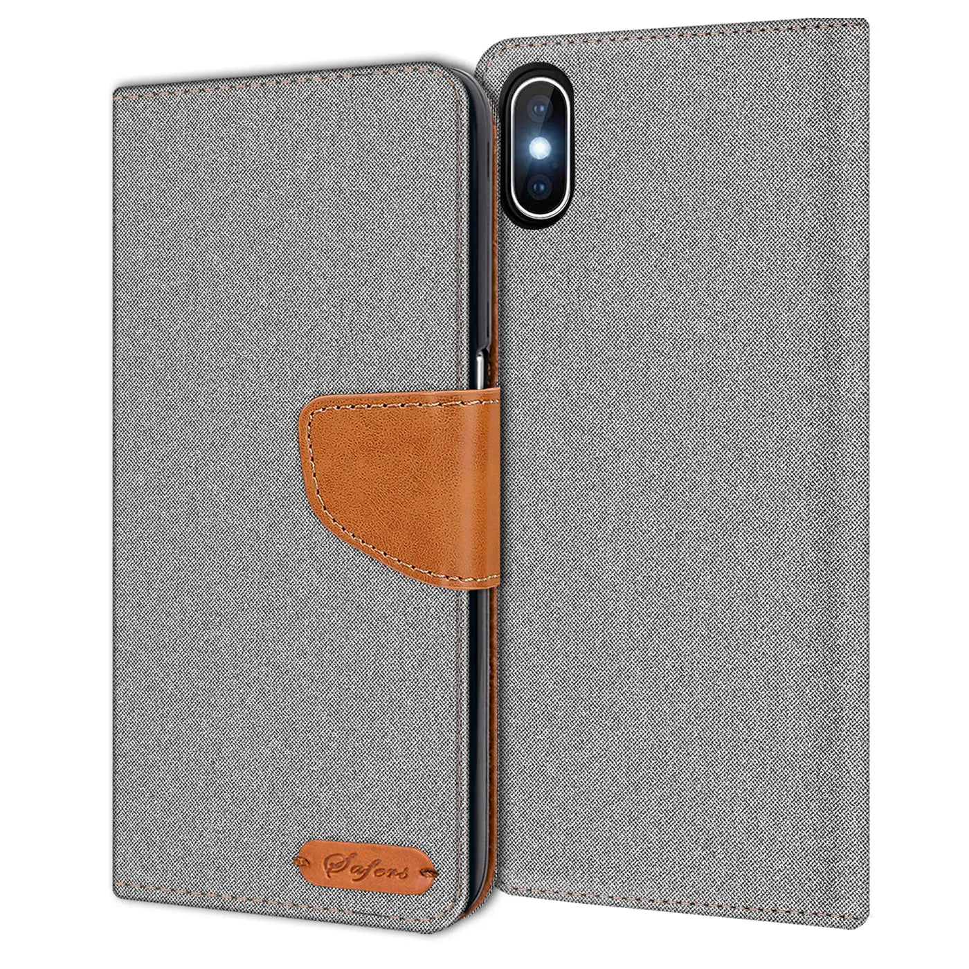 Graue Textil-Klapphülle mit braunem Lederakzent, geöffnet, zeigt iPhone X/XS.