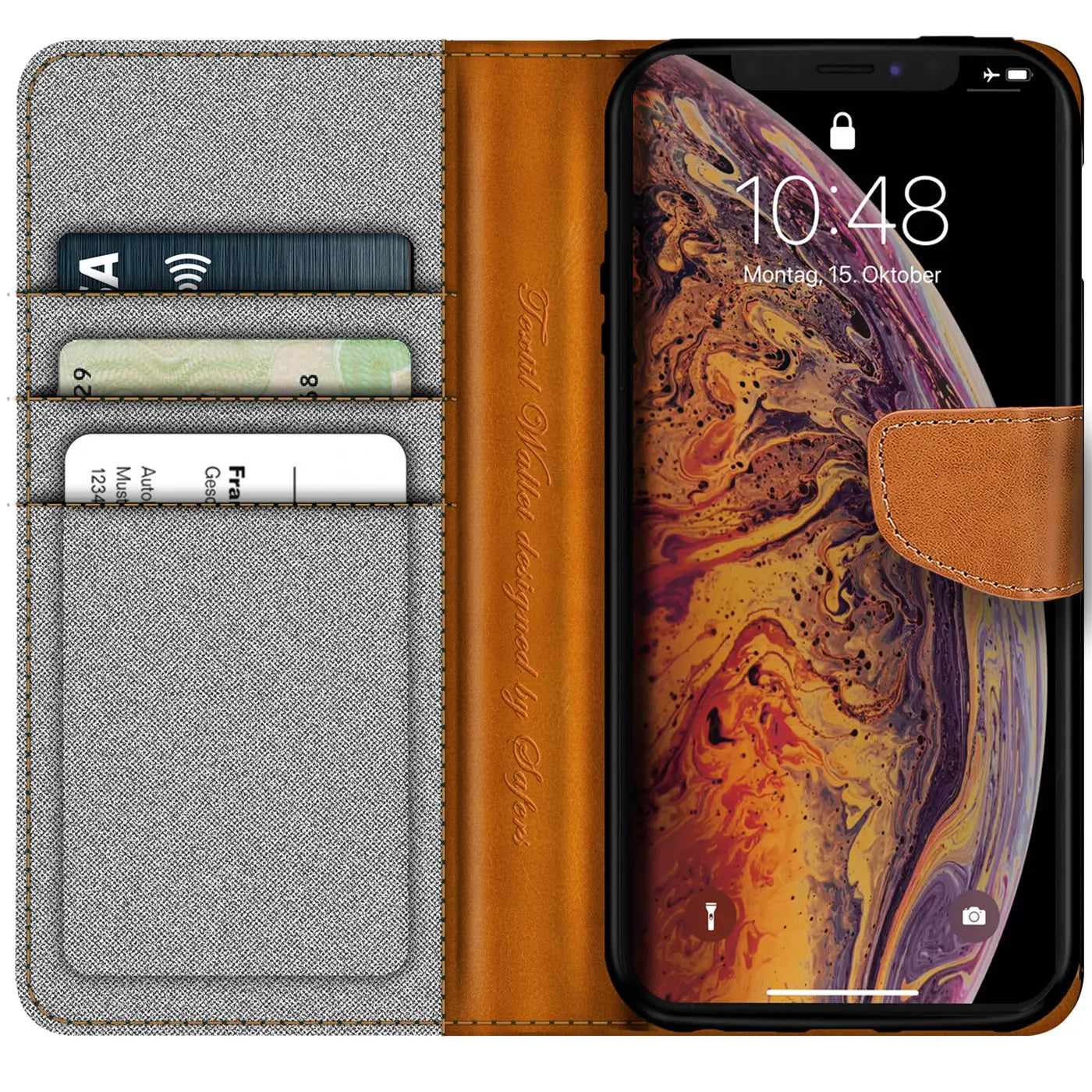 Braune Leder-Klapphülle mit Textil-Innenseite, Kartenfächern, zeigt iPhone X/XS.