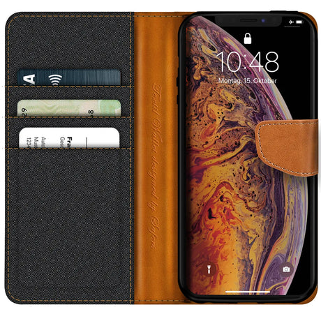 iPhone X / XS Klapphülle im Jeanslook mit Karten- und Geldfach