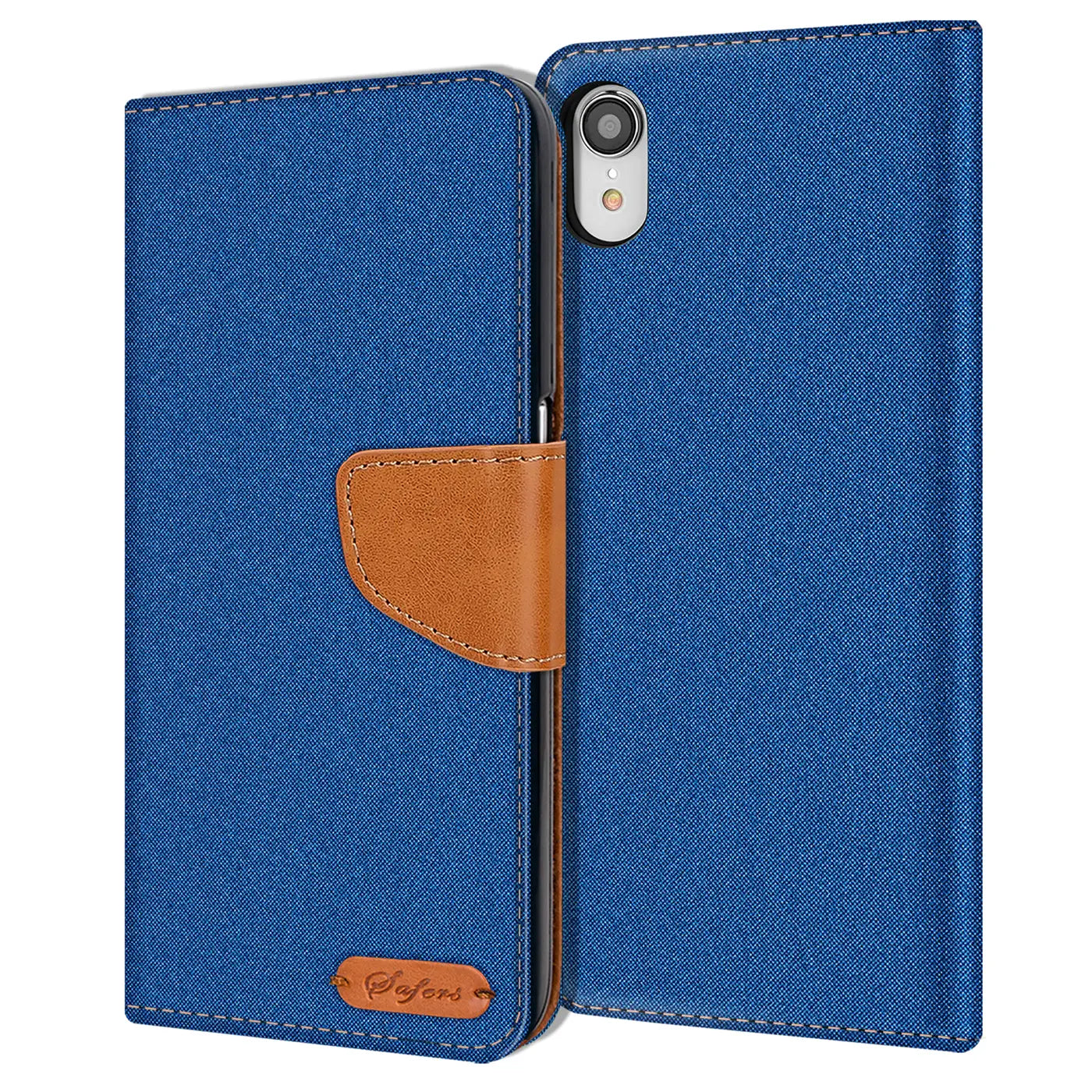 Blaue Textil-Klapphülle mit braunem Lederakzent, offen, zeigt iPhone XR Rückseite.