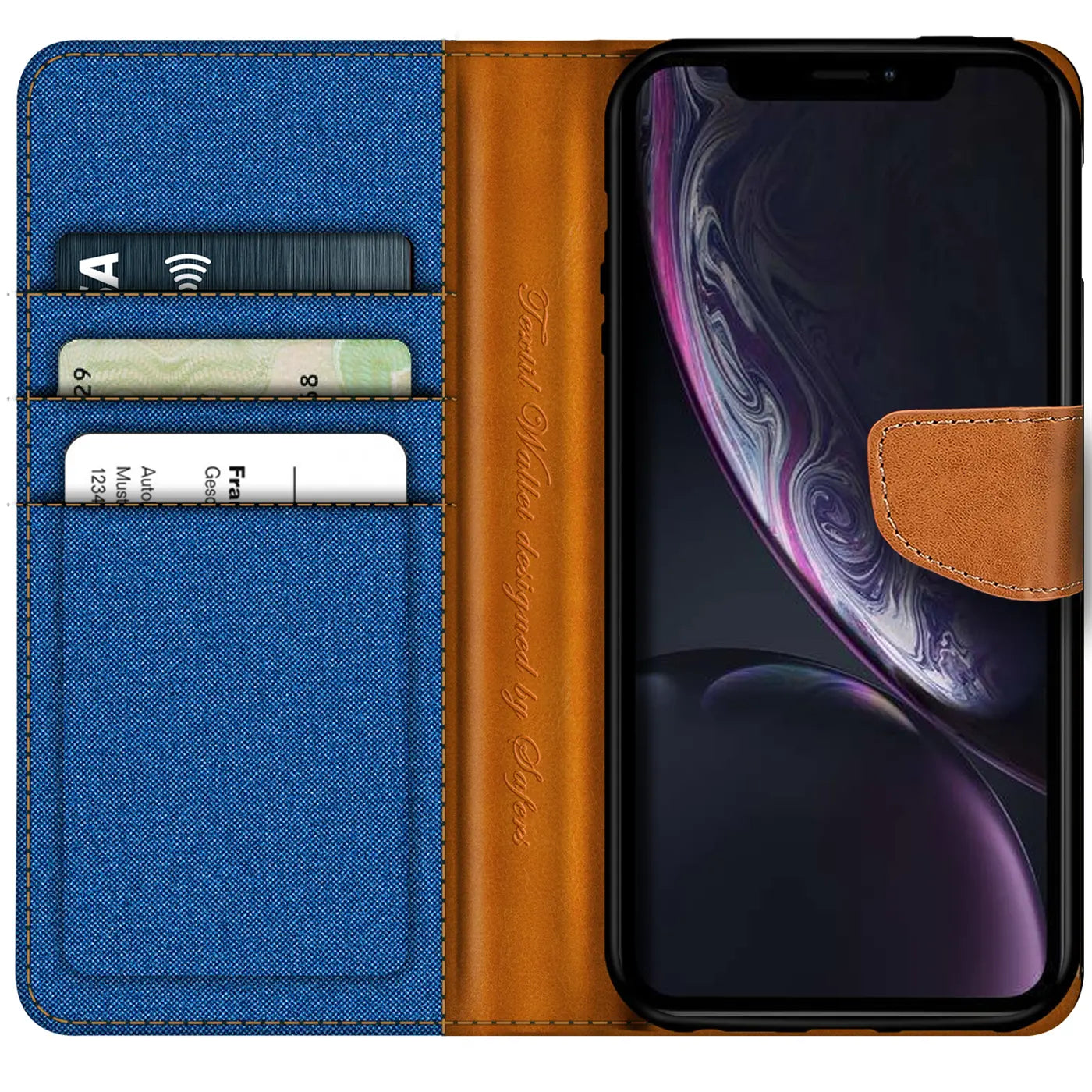 Blaue Textil-Klapphülle mit braunen Lederdetails, Kartenfächern, zeigt iPhone XR.