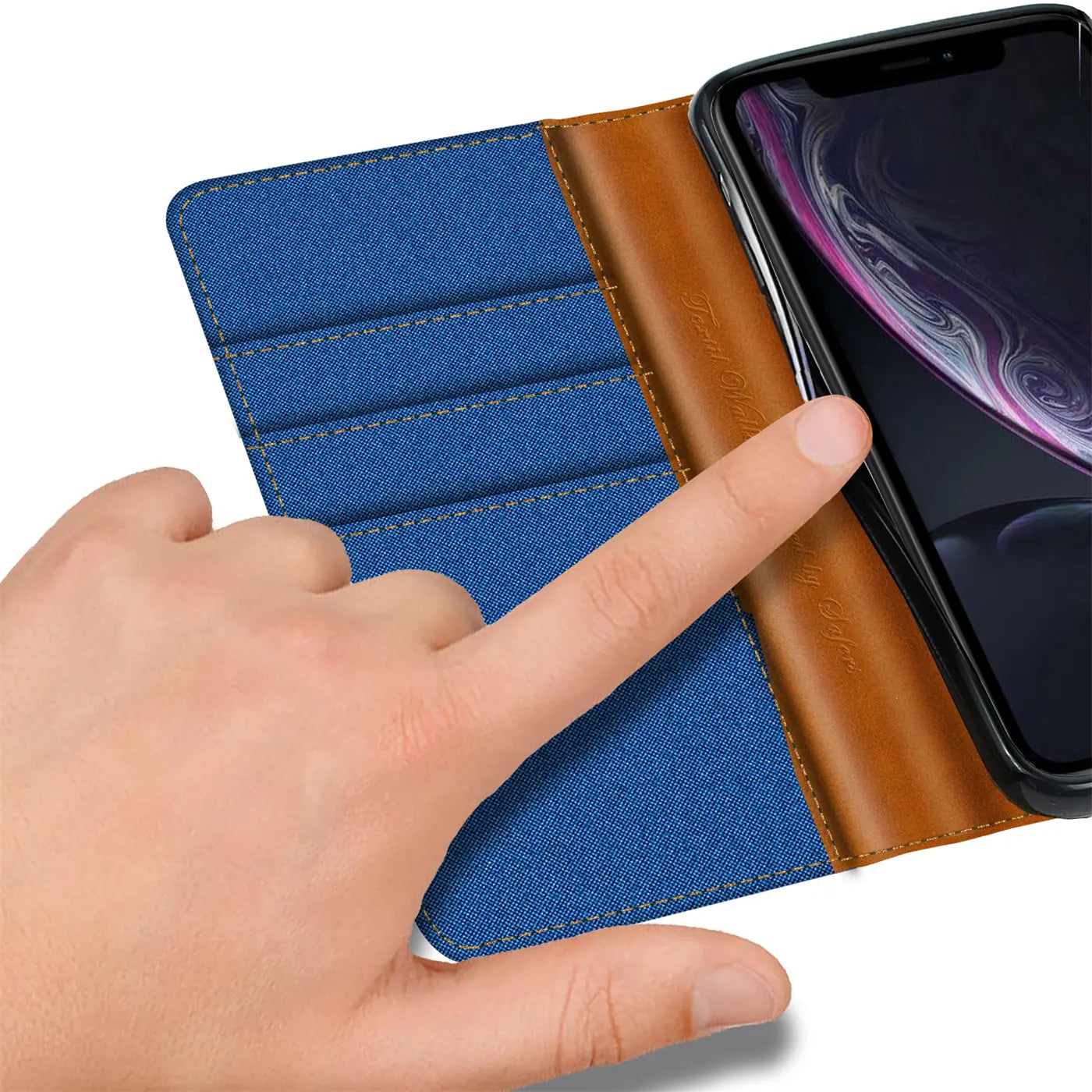 Blaue Textil-Klapphülle mit braunem Lederdetail, Kartenfächer, iPhone XR, Nahaufnahme