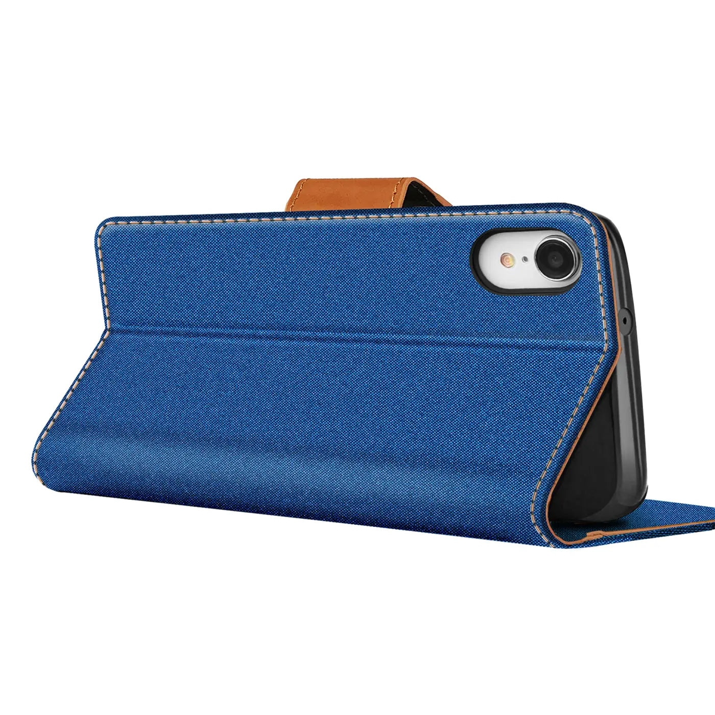 Blaue Textil-Klapphülle mit braunem Lederriemen, seitliche Ansicht, iPhone XR erkennbar.