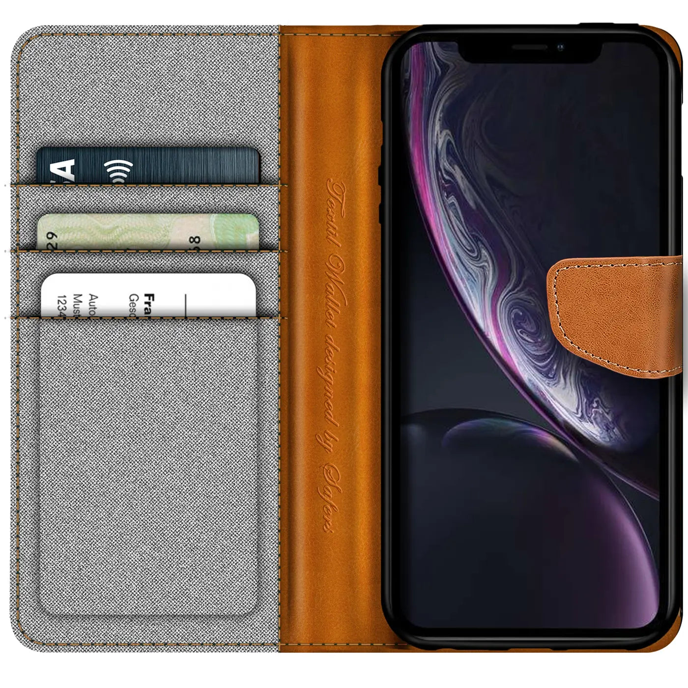 iPhone XR Klapphülle, grau/braun, Textil/Leder, von vorne