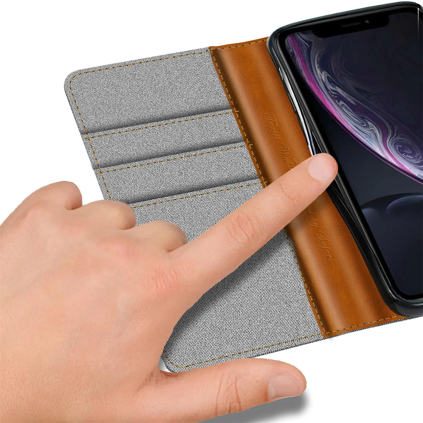 Graue Textil-Klapphülle mit braunen Lederdetails und Kartenfächern, zeigt iPhone XR.
