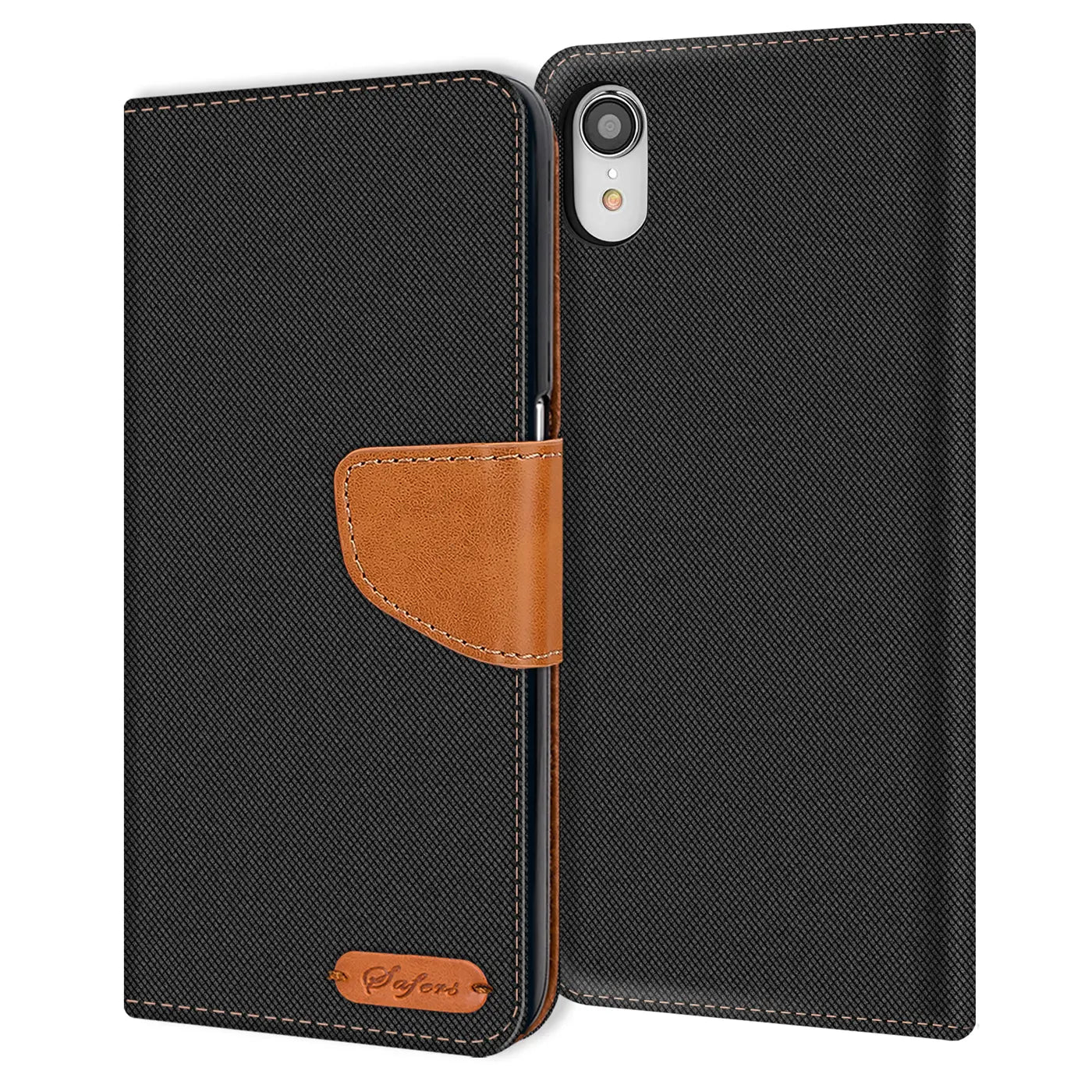 Schwarze Textil-Klapphülle mit braunem Lederakzent, iPhone XR, von vorne/leicht schräg