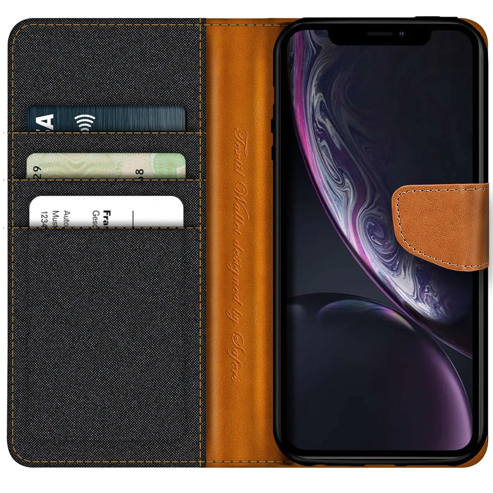 iPhone XR Klapphülle im Jeanslook mit Karten- und Geldfach