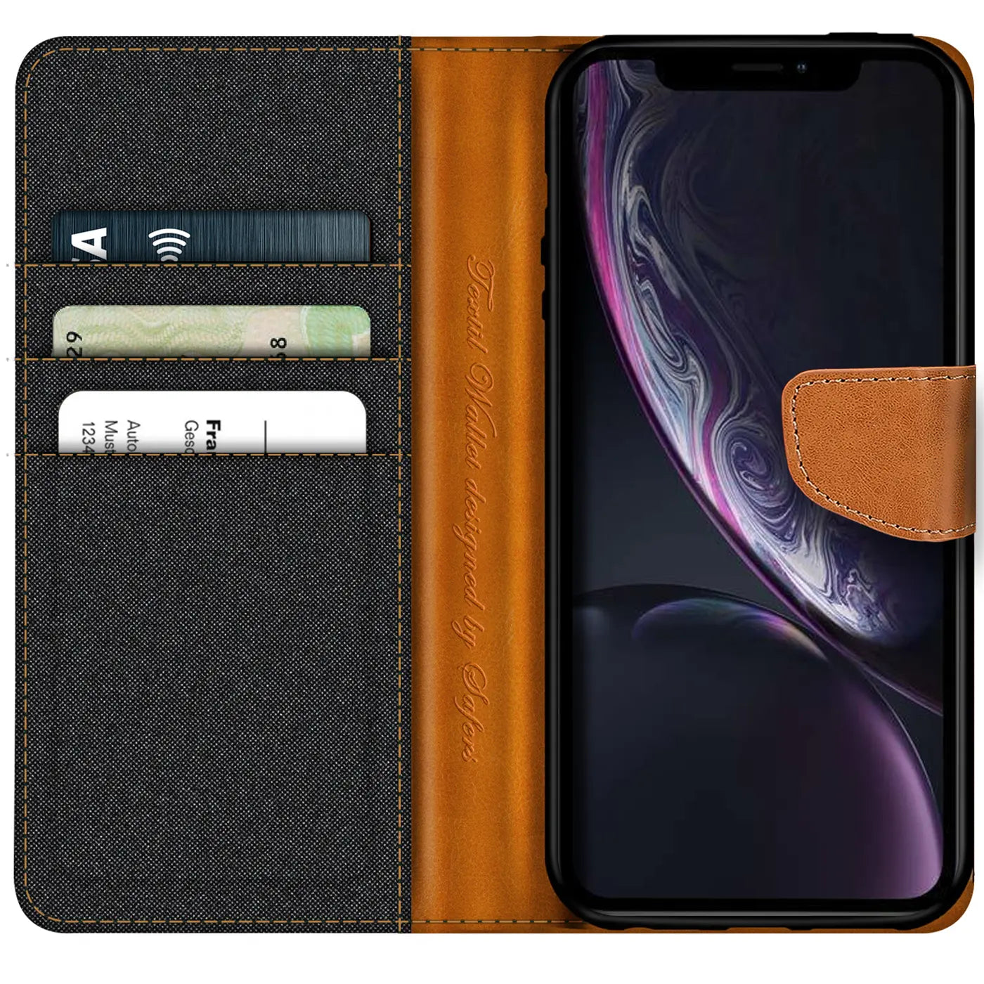 iPhone XR Textil Klapphülle, braun/schwarz, von vorne, mit Kartenfächern