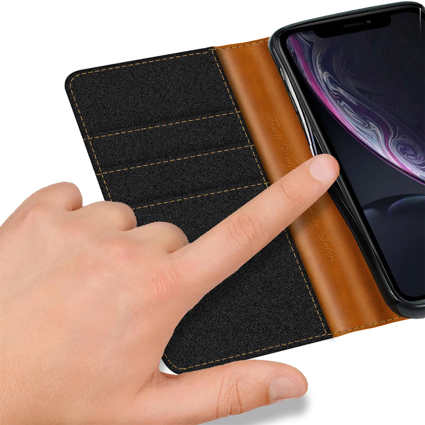 iPhone XR Textil Klapphülle, schwarz/braun, mit Kartenfach, von vorn