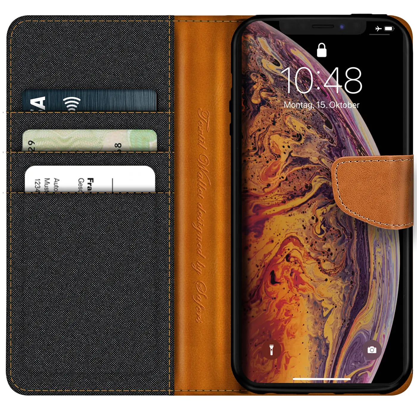 Braune Leder-Klapphülle mit Kartenfächern für iPhone Xs Max, von vorne