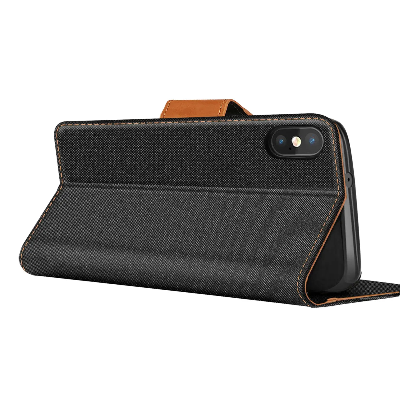 Schwarze Textil-Klapphülle mit braunen Akzenten, seitliche Ansicht, iPhone Xs Max erkennbar.