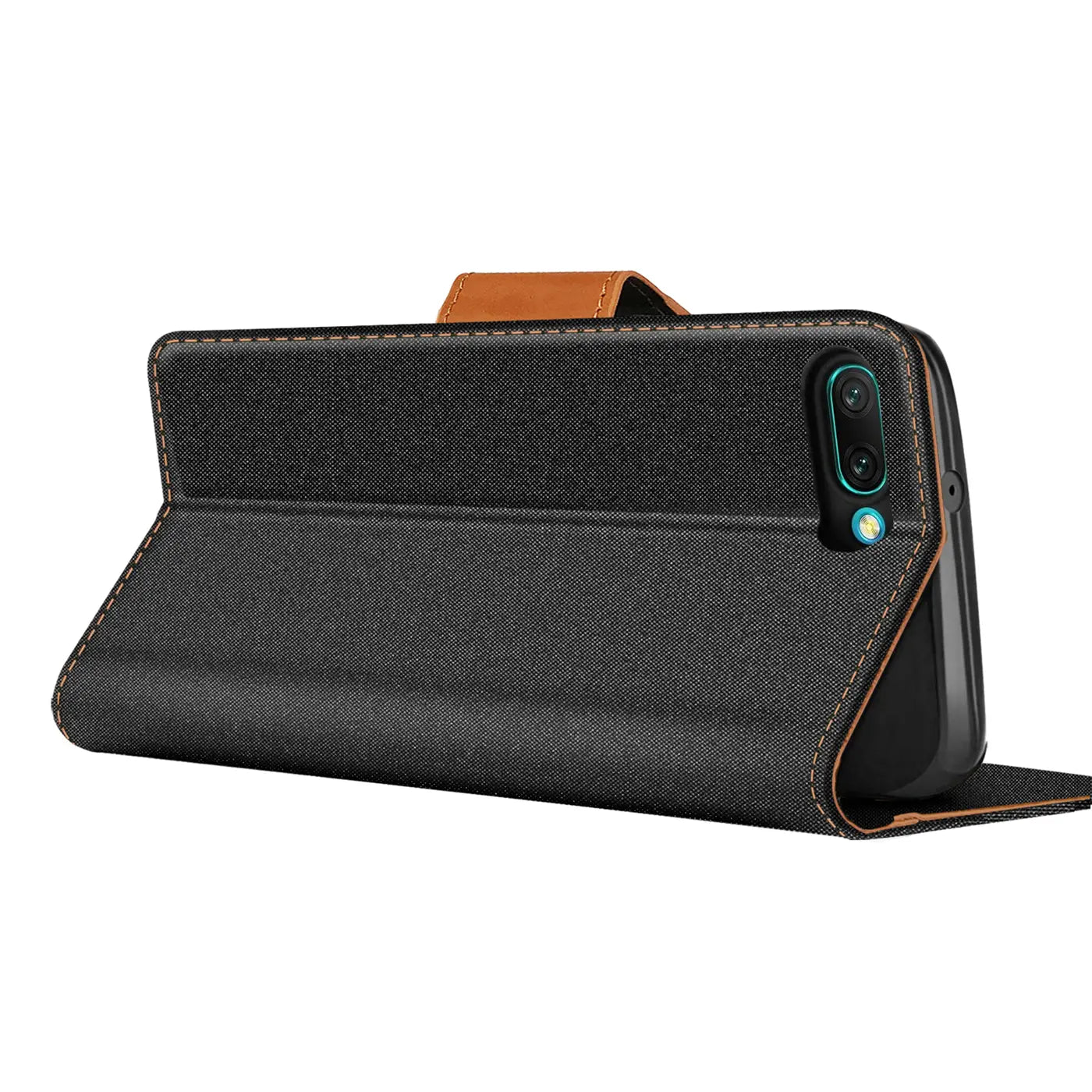 Schwarze Textil-Klapphülle mit braunem Lederakzent, seitliche Ansicht, Honor 10 erkennbar.