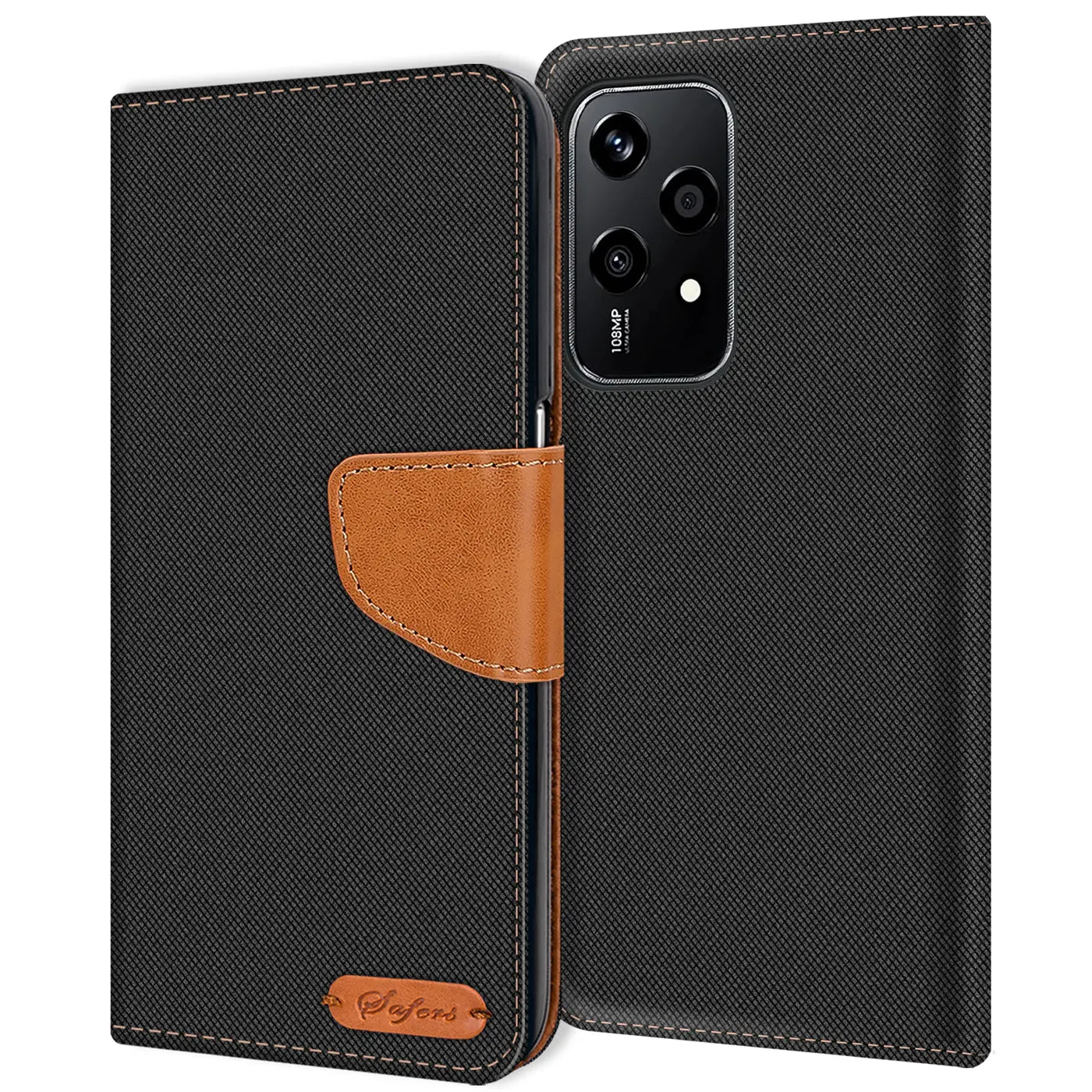 Schwarze Textil-Klapphülle mit braunem Lederakzent, Honor 200 Lite Rückseite sichtbar.