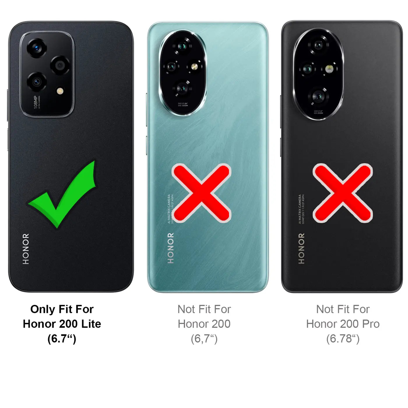 Drei Handy-Rückseiten: Schwarz (Honor 200 Lite, Haken), Türkis (Nicht passend, Kreuz), Schwarz (Nicht passend, Kreuz)