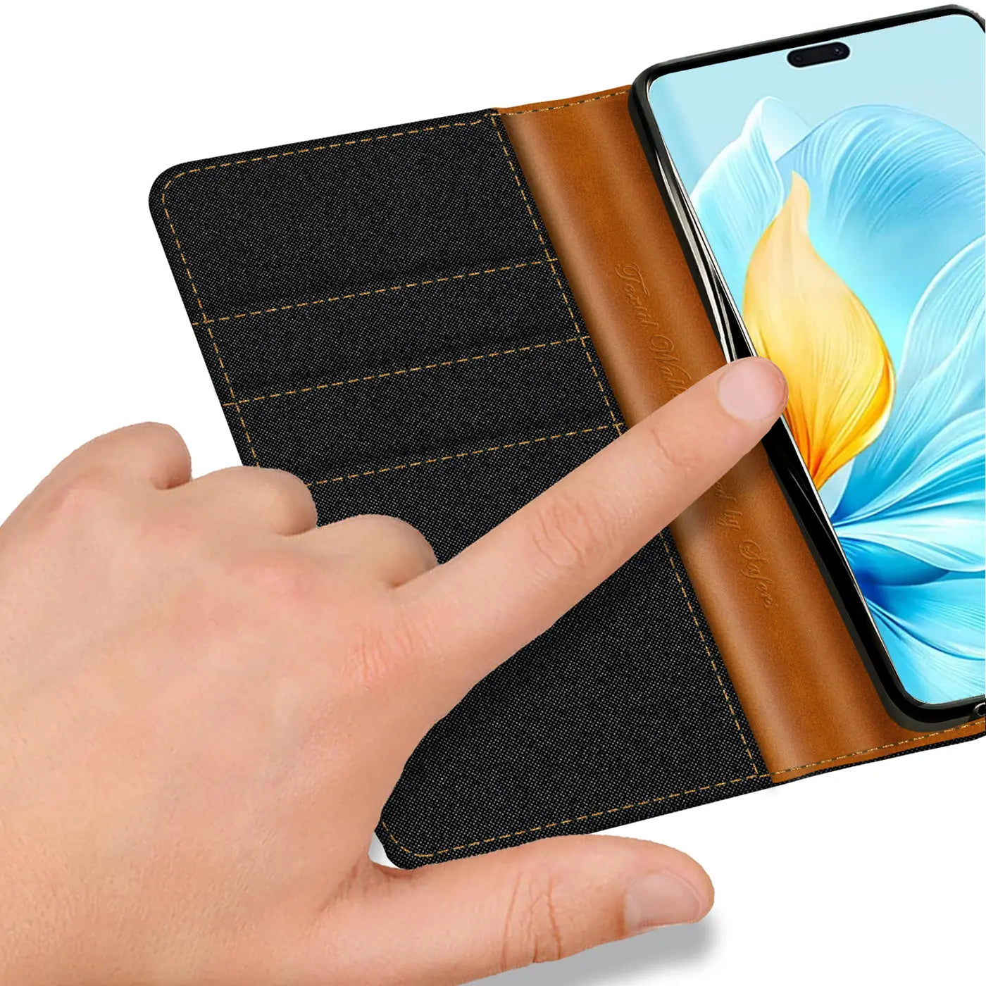 Honor 200 Lite Klapphülle, Textil/Leder, Kartenfach, Finger auf Display