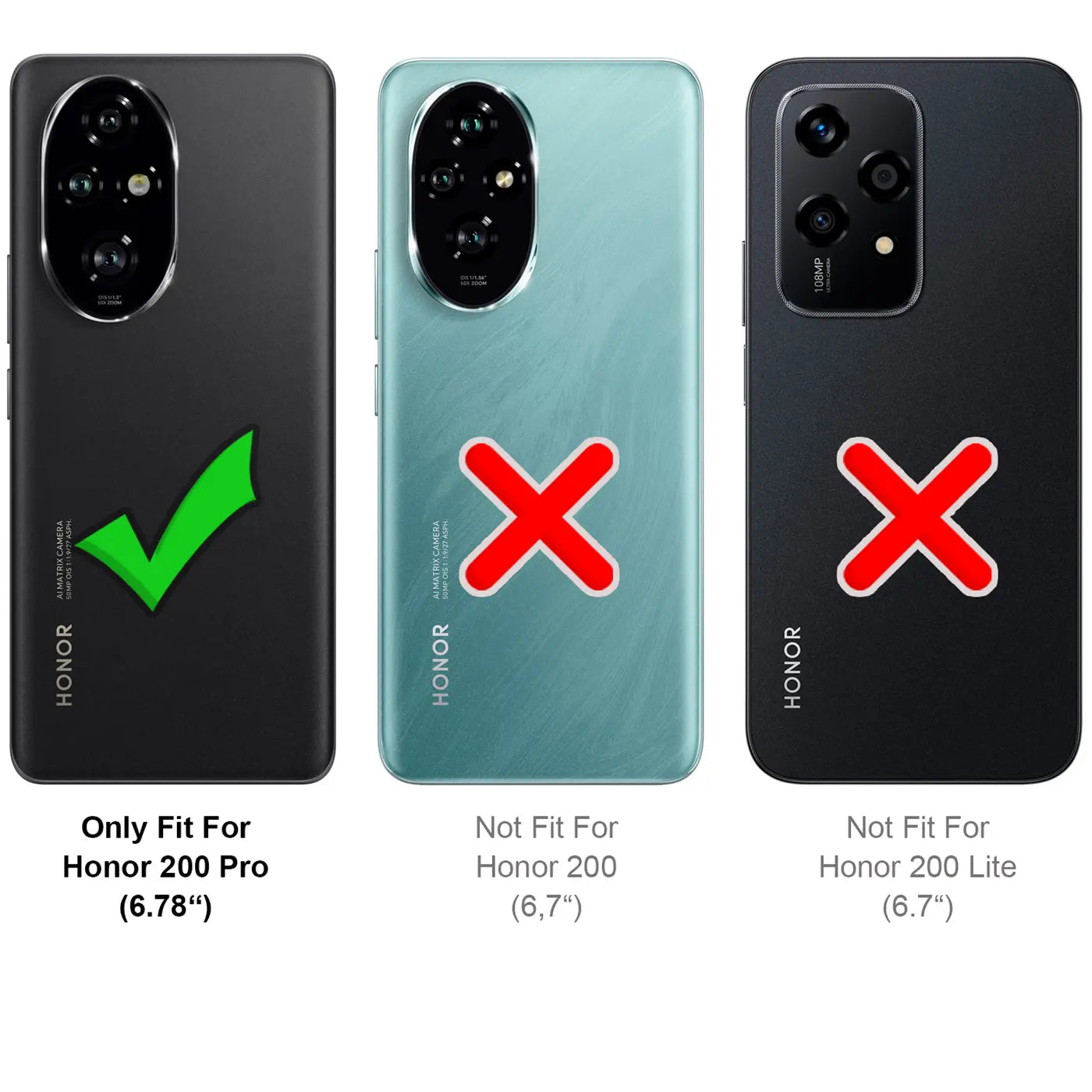 Drei Rückseiten von Smartphones: Honor 200 Pro (grüner Haken), Honor 200 (rotes X), Honor 200 Lite (rotes X).